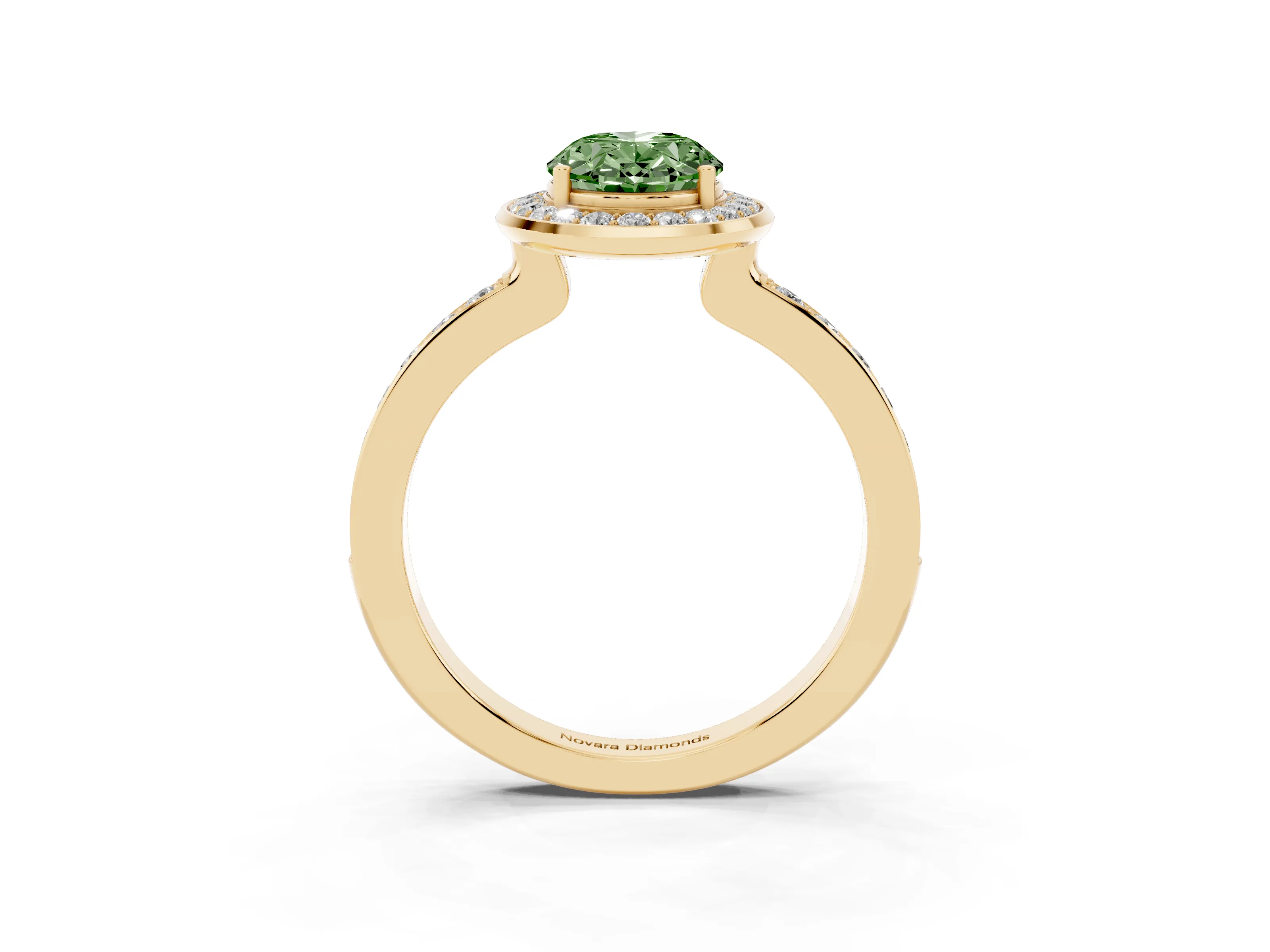 Fancy Green Oval Cut Diamond Halo Ring Set in Yellow gold with Bezel Frame and Pavé Band