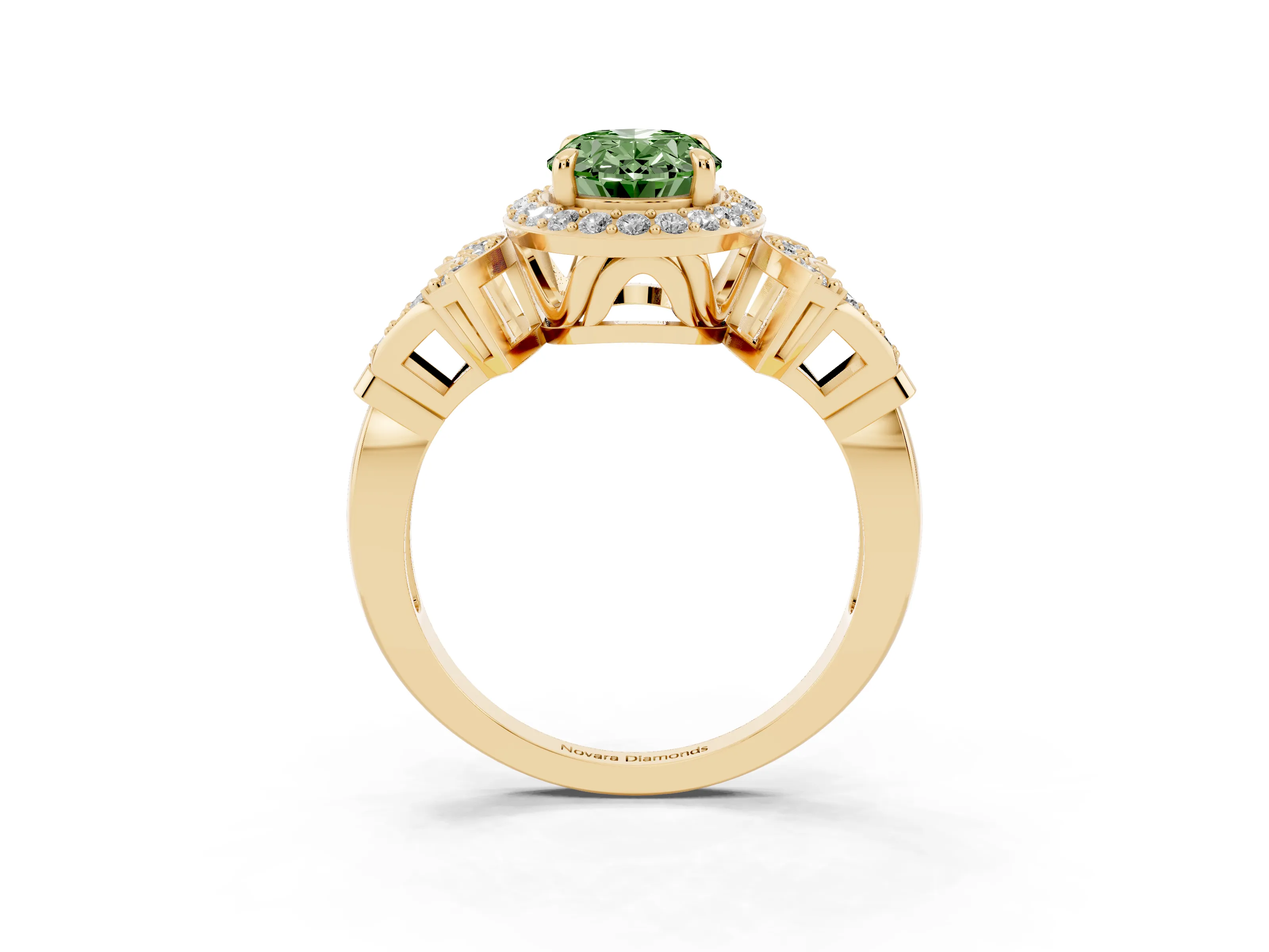 Fancy Green Oval Cut Diamond Halo Engagement Ring Set in Yellow gold with Accent Stone Split Shank