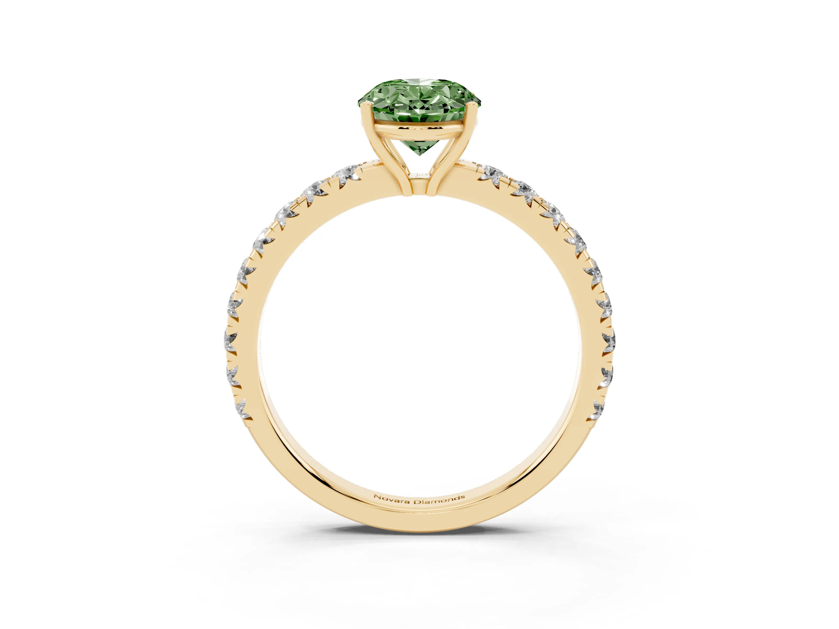 Fancy Green Oval Cut Diamond Pavé Solitaire Engagement Ring Set in Yellow gold with Prong Setting