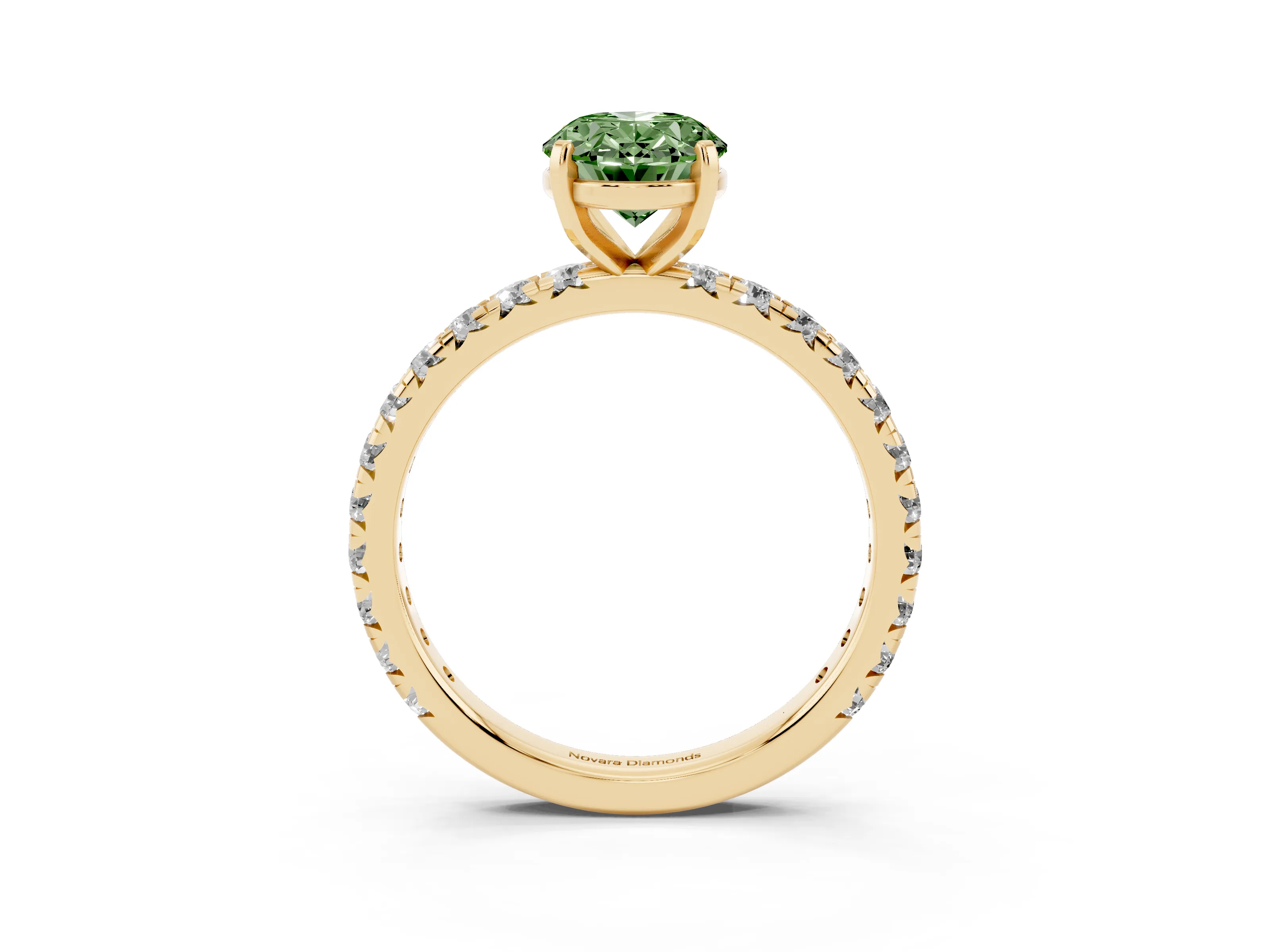 Fancy Green Oval Cut Diamond Pavé Solitaire Ring Set in Yellow gold with Round Band and Prong Setting