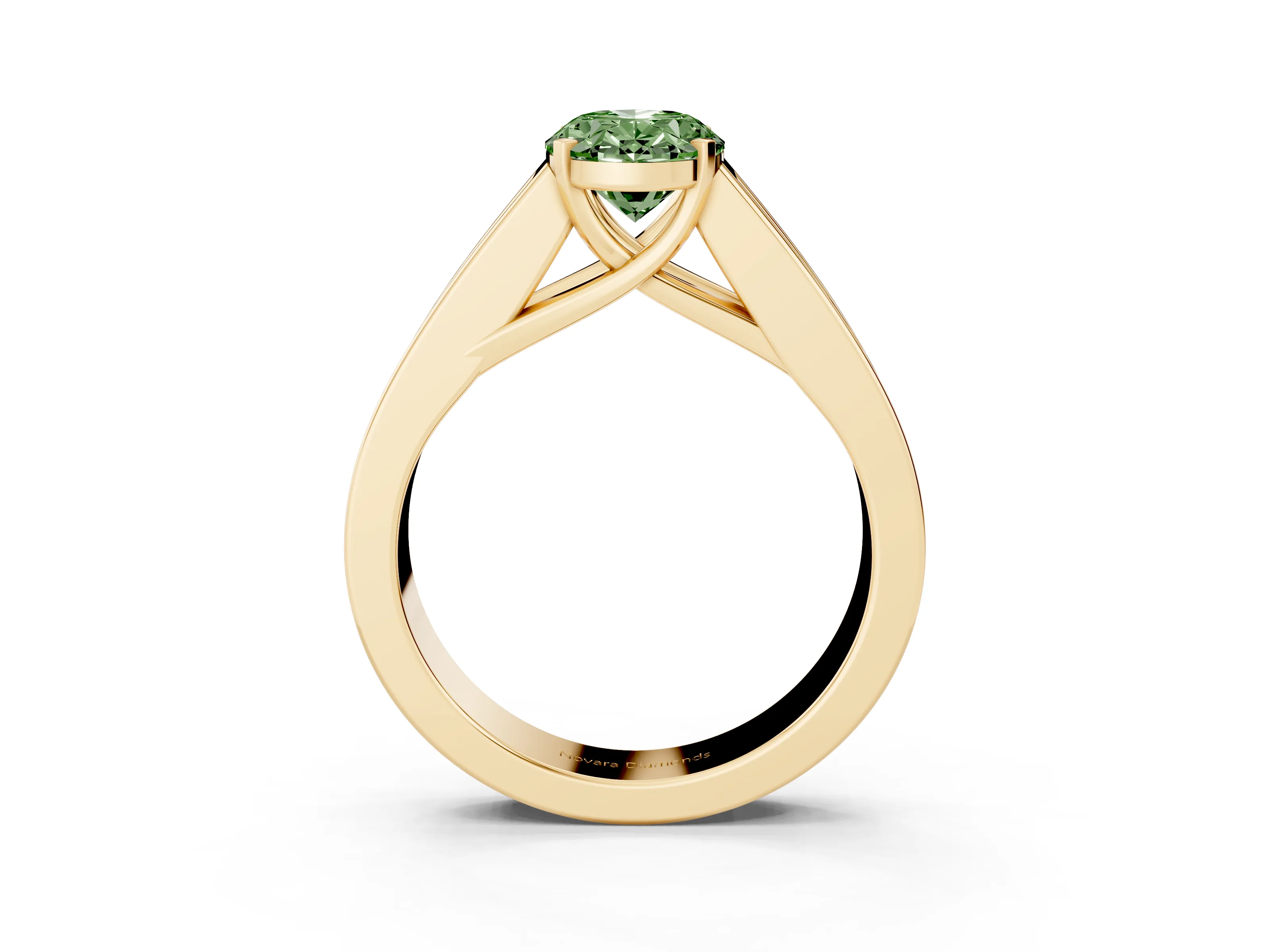Fancy Green Oval Cut Diamond Solitaire Ring Set in Yellow gold with Channel-Set Accent Stones and Prong Setting