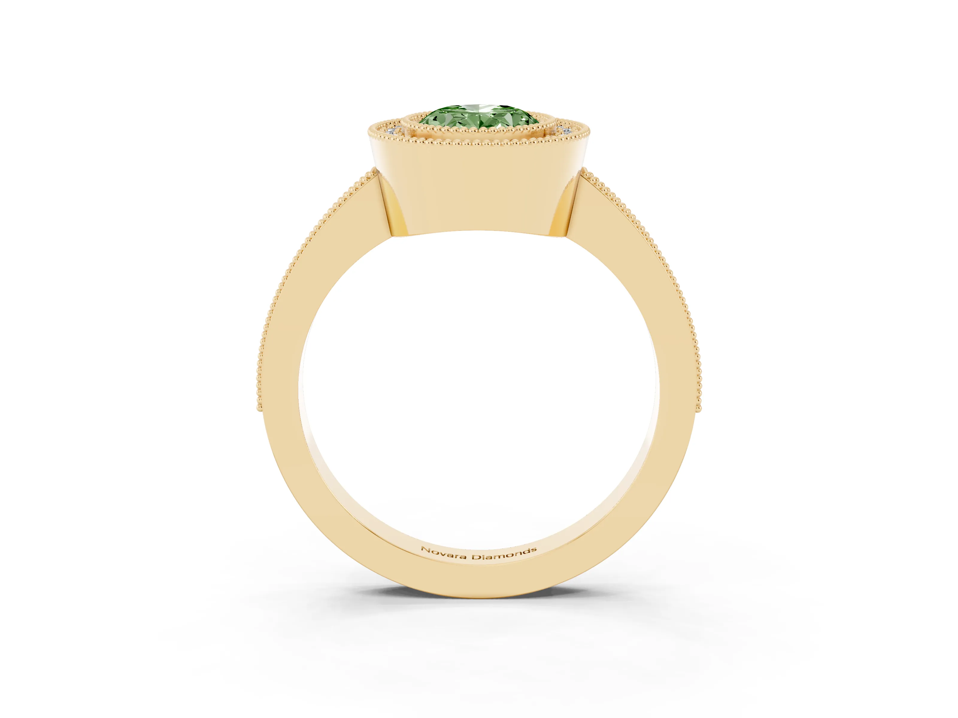 Fancy Green Oval Cut Diamond Halo Engagement Ring Set in Yellow gold with Pavé Band and Round Halo Stones