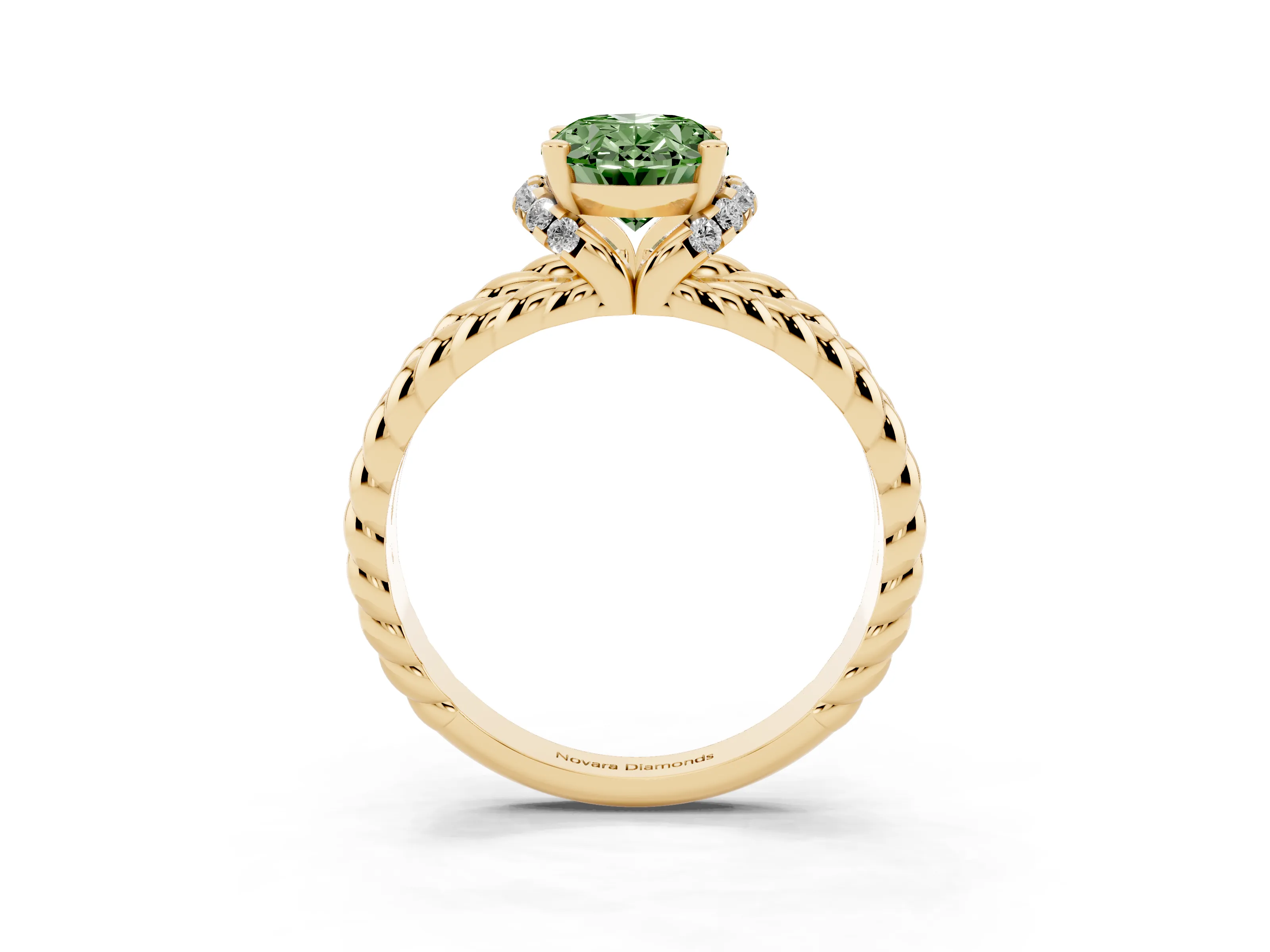 Fancy Green Oval Cut Diamond Halo Ring Set in Yellow gold with Twisted Band and Prong Setting