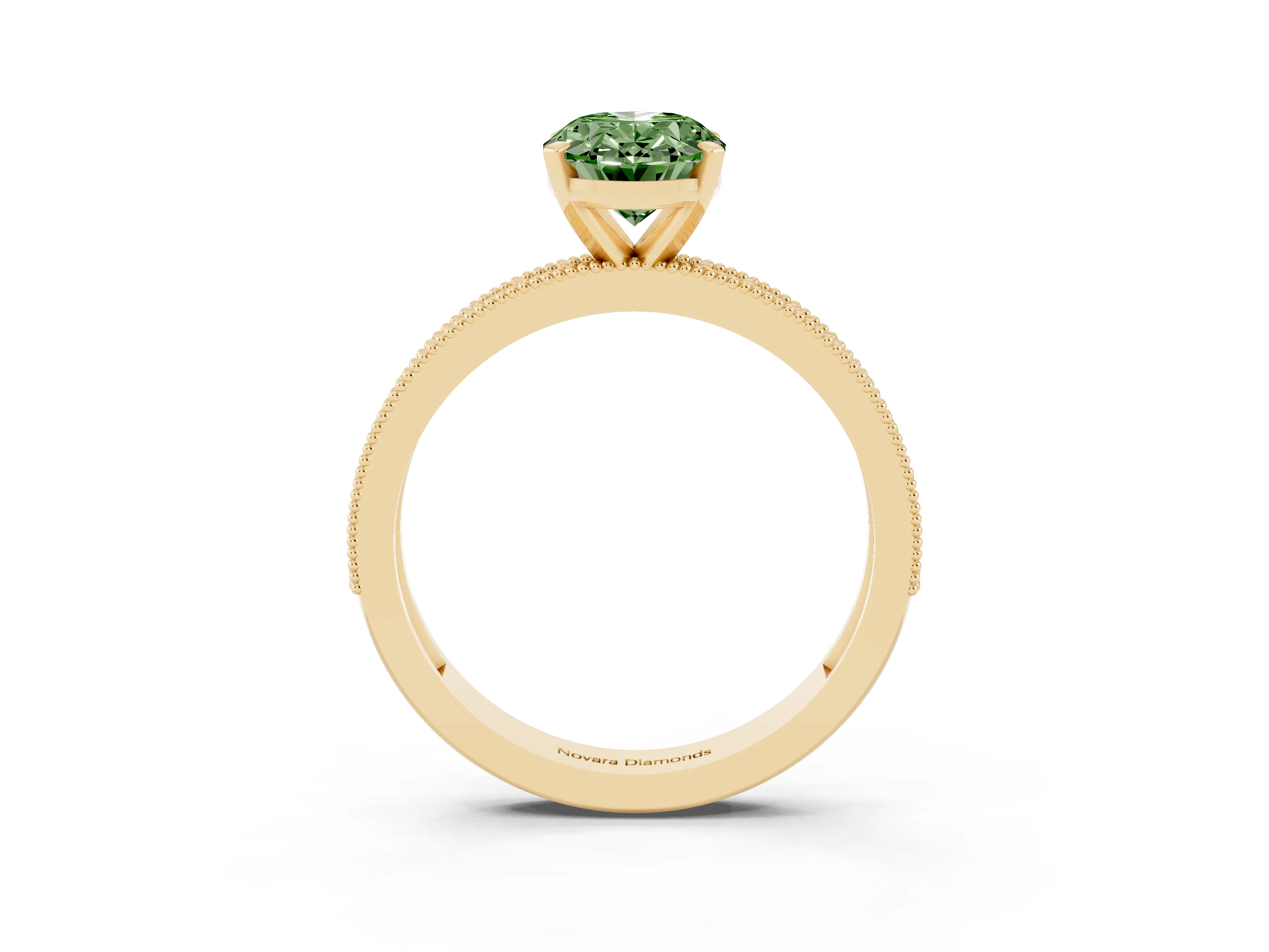 Fancy Green Oval Cut Diamond Milgrain Pavé Engagement Ring Set in Yellow gold with Prong Setting