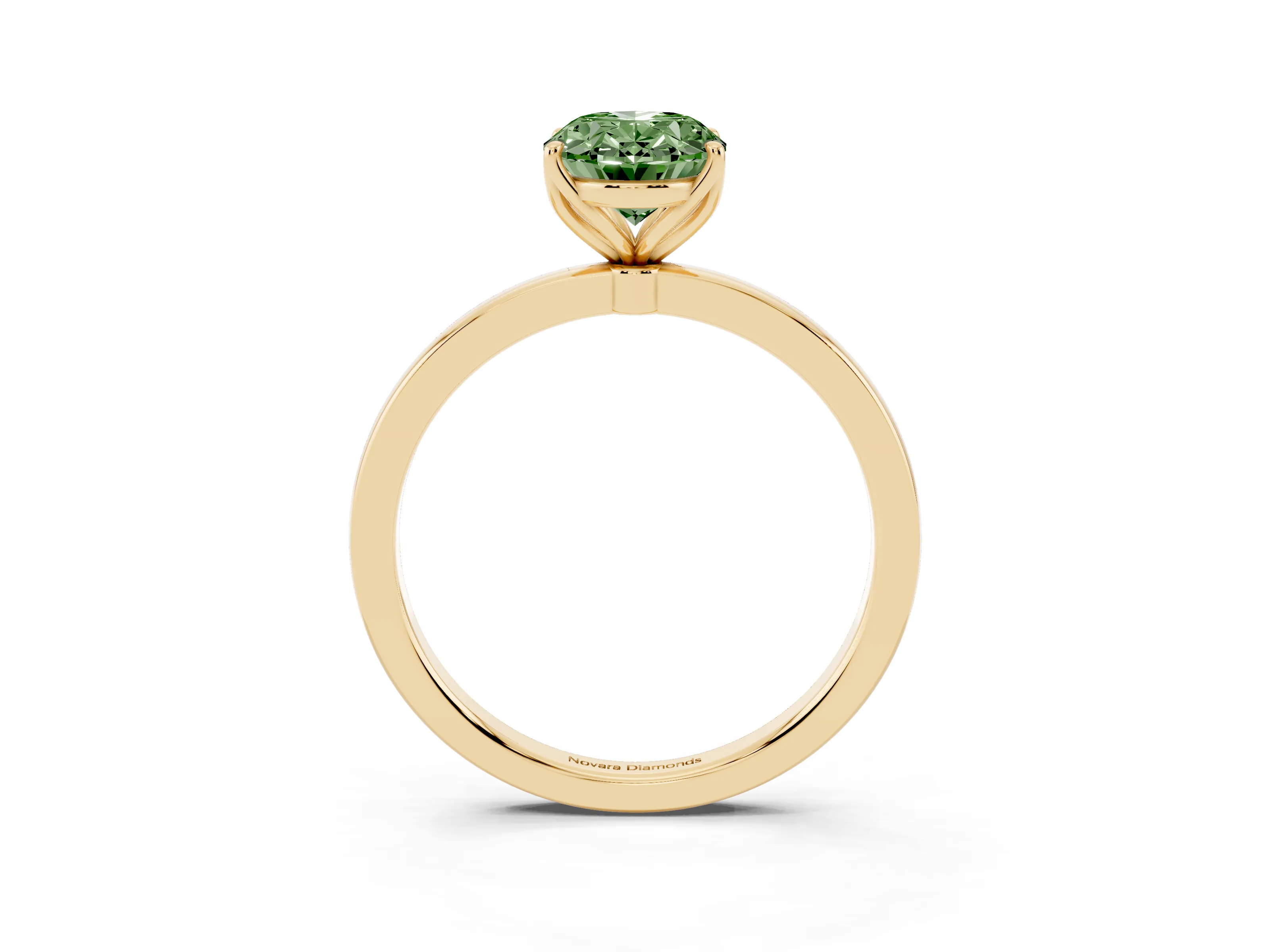Fancy Green Oval Cut Diamond Solitaire Ring Set in Yellow gold with Prong Setting and Thin Polished Band