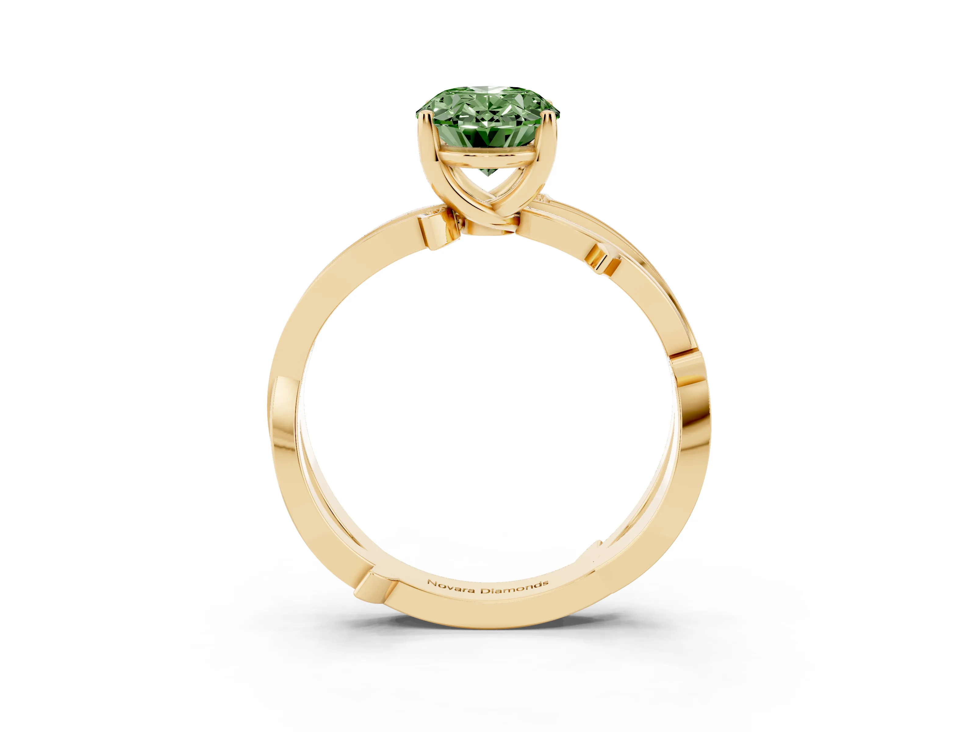 Fancy Green Oval Cut Diamond Pavé Twist Band Solitaire Ring Set in Yellow gold with Prong Setting