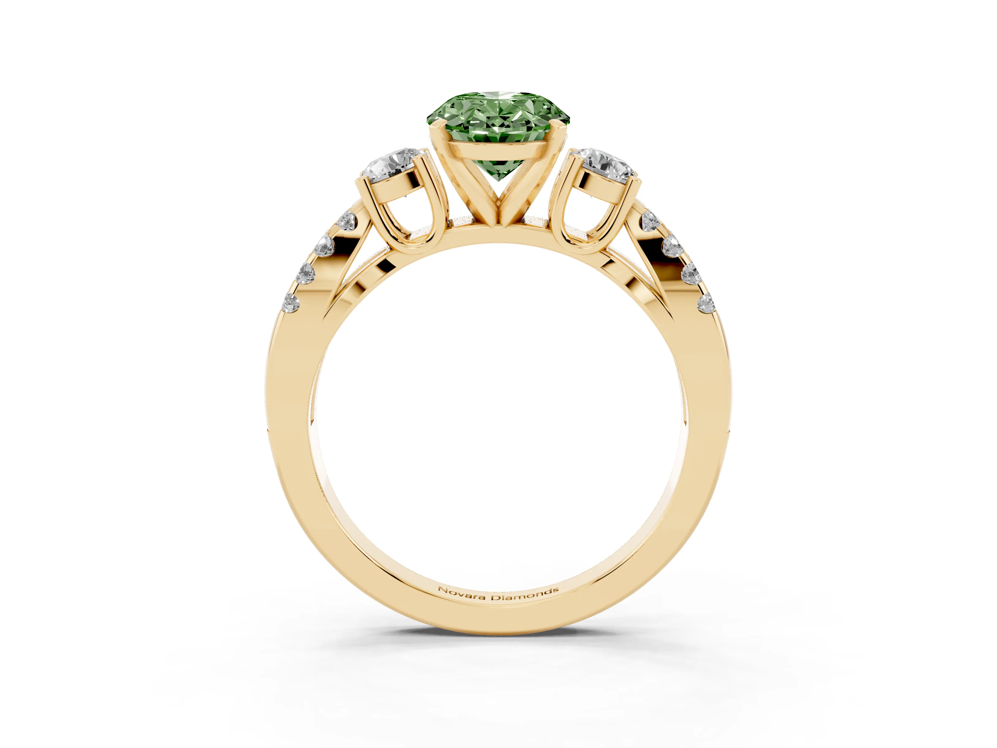Fancy Green Oval Cut Diamond Three-Stone Ring Set in Yellow gold with Pavé Split Shank and Prong Setting