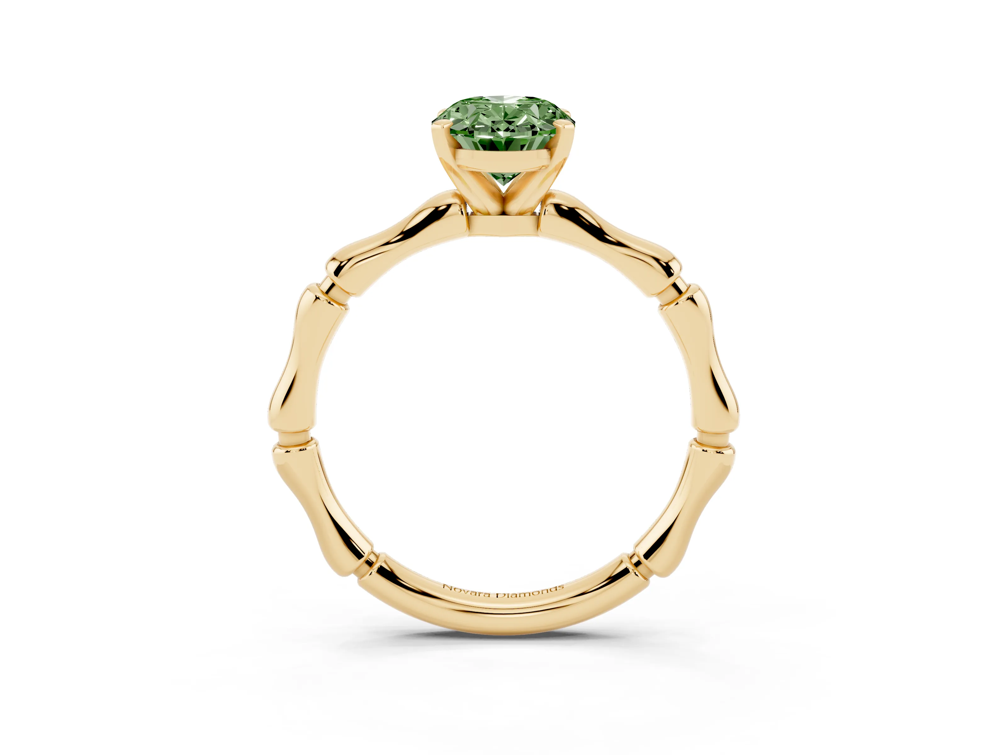 Fancy Green Oval Cut Diamond Solitaire Ring Set in Yellow gold with Bamboo Band and Prong Setting