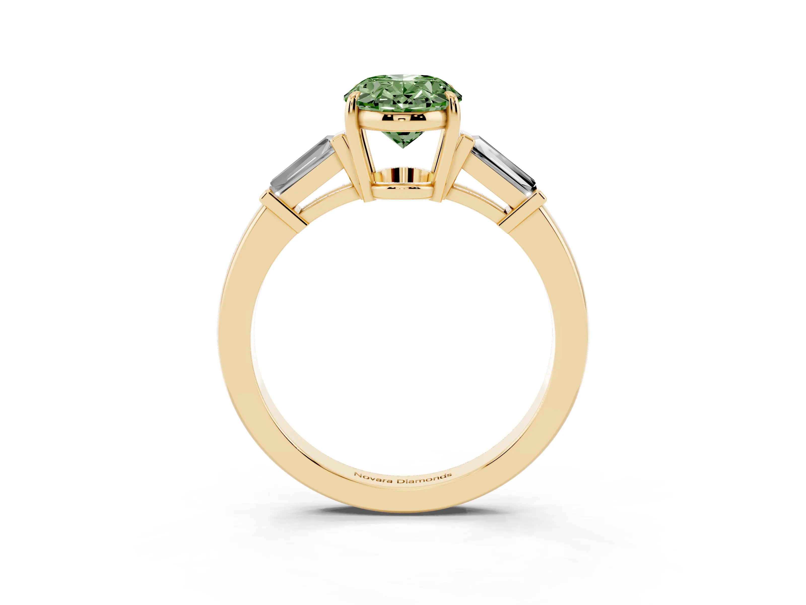 Fancy Green Oval Cut Diamond Three-Stone Ring Set in Yellow gold with Tapered Baguette Side Stones and Prong Setting