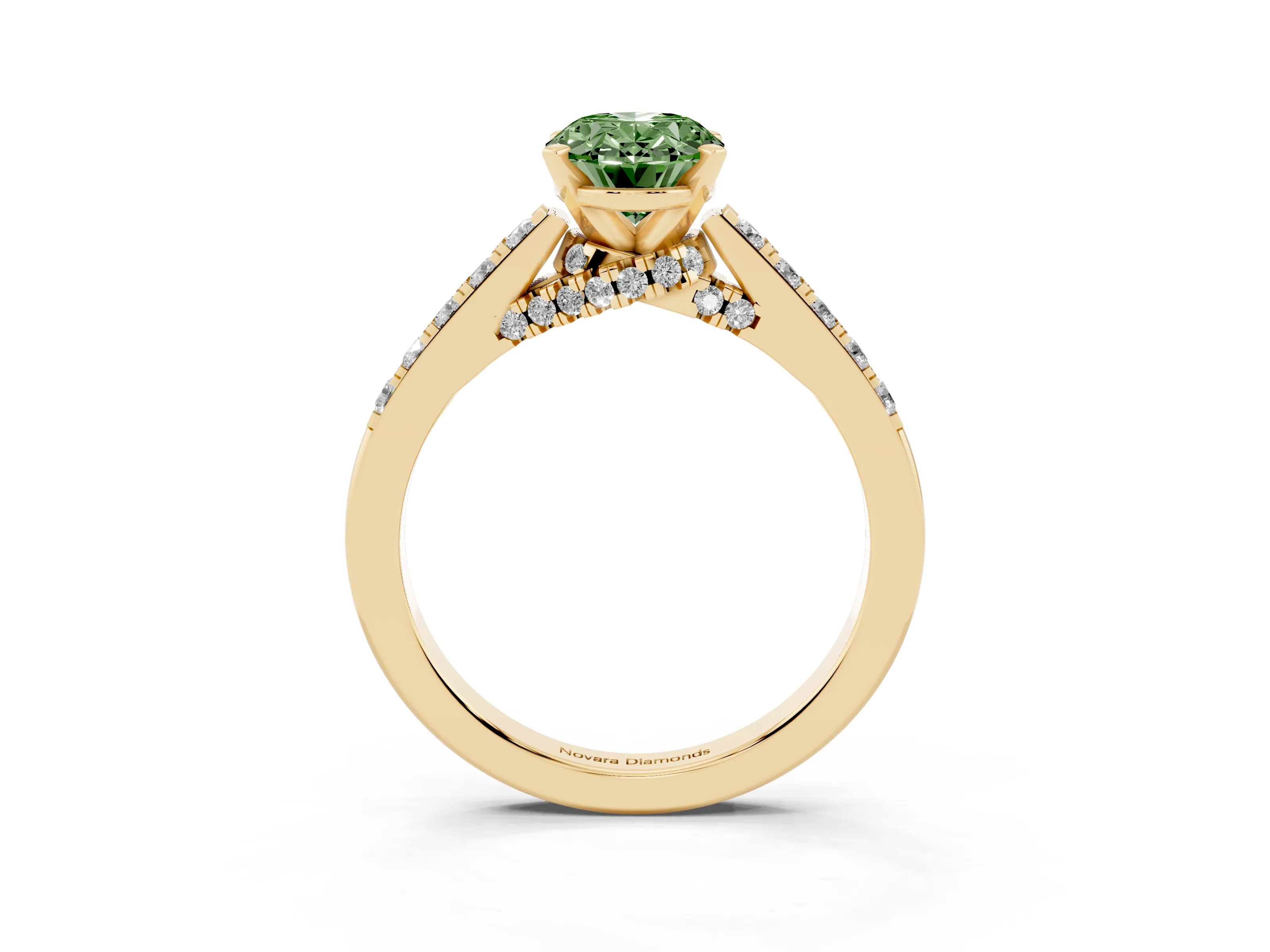 Fancy Green Oval Cut Diamond Solitaire Ring Set in Yellow gold with Crossover Gallery and Round Pavé Band