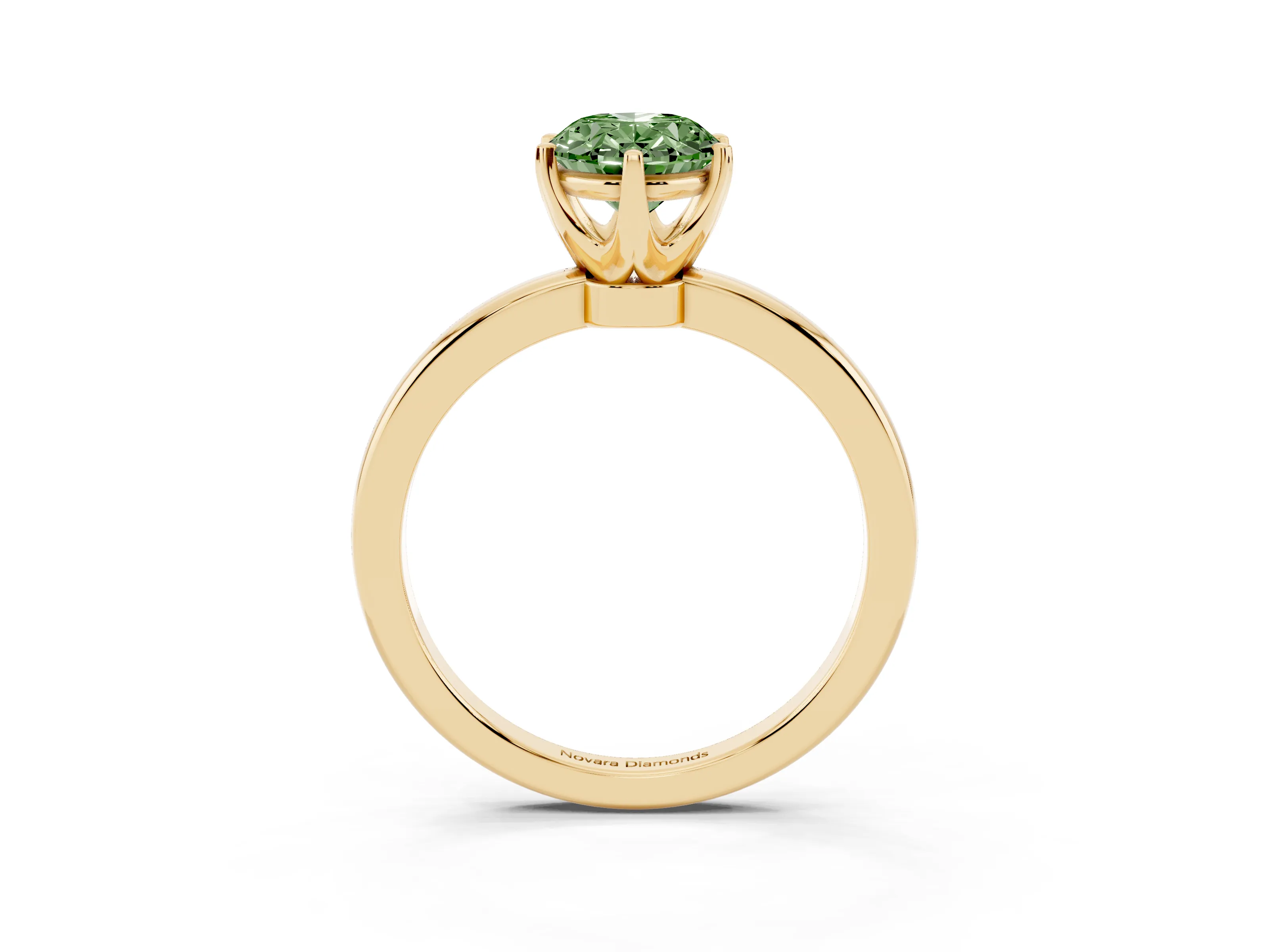 Fancy Green Oval Cut Diamond Solitaire Ring Set in Yellow gold with Raised Prong Setting on a Classic Band