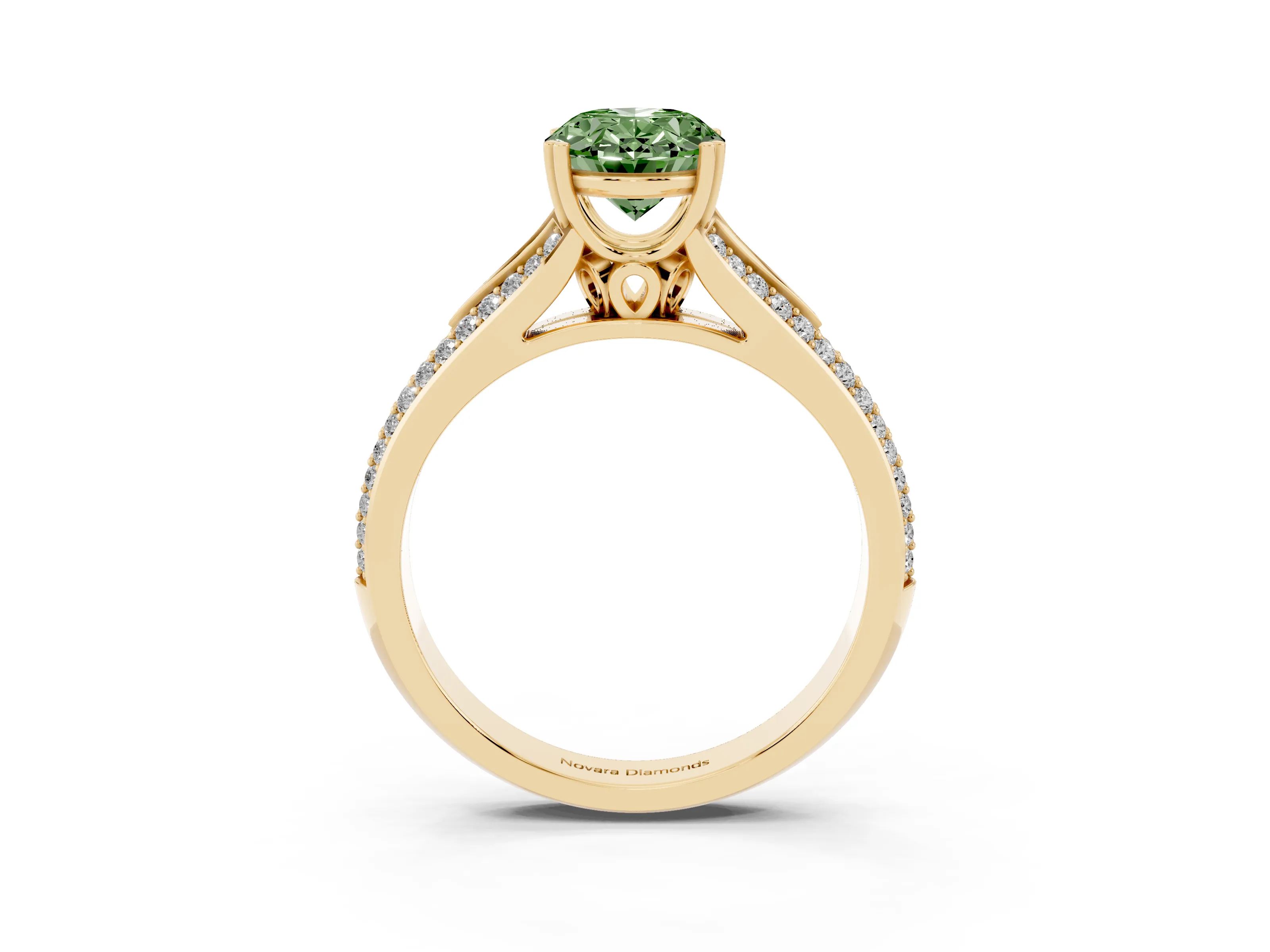 Fancy Green Oval Cut Diamond Split Shank Pavé Engagement Ring Set in Yellow gold with Prong-Set Center Stone