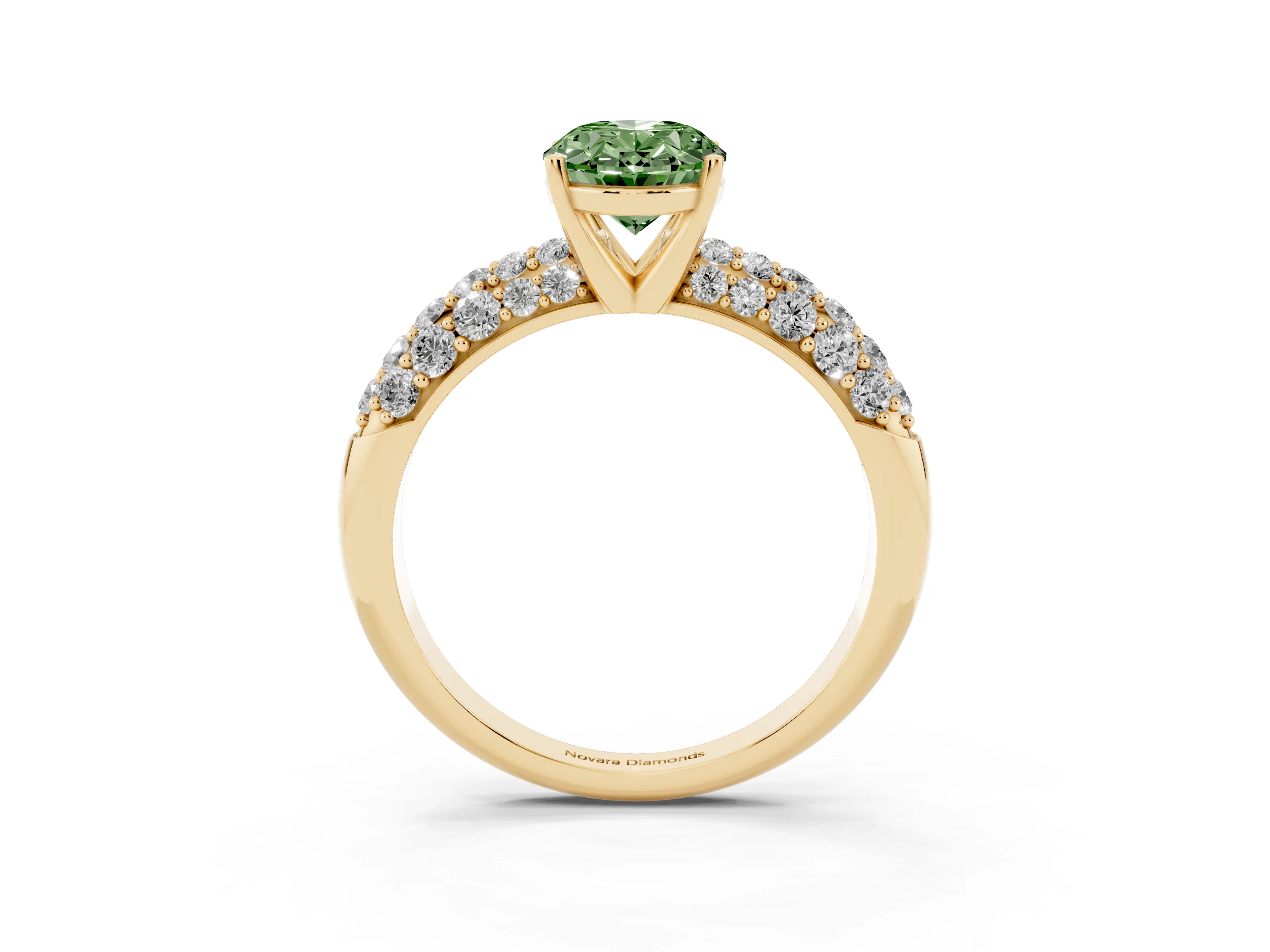 Fancy Green Oval Cut Diamond Pavé Band Solitaire Ring Set in Yellow gold with Close-Set Accent Stones and Prong Setting