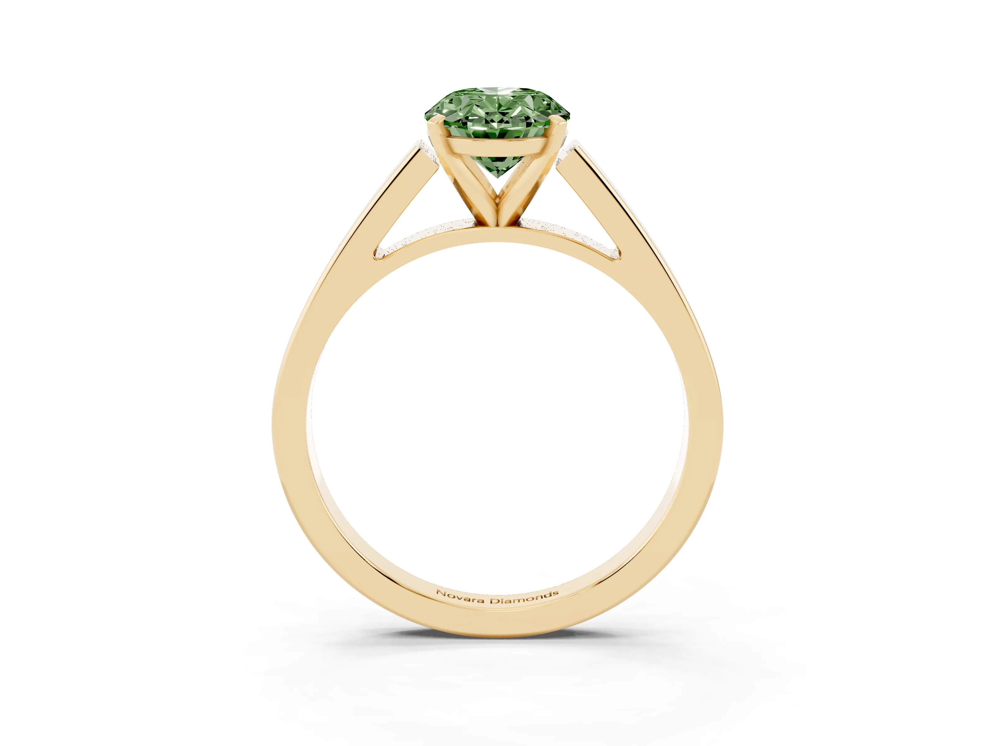 Fancy Green Oval Cut Diamond Solitaire Engagement Ring Set in Yellow gold with Prong Setting and Tapered Band