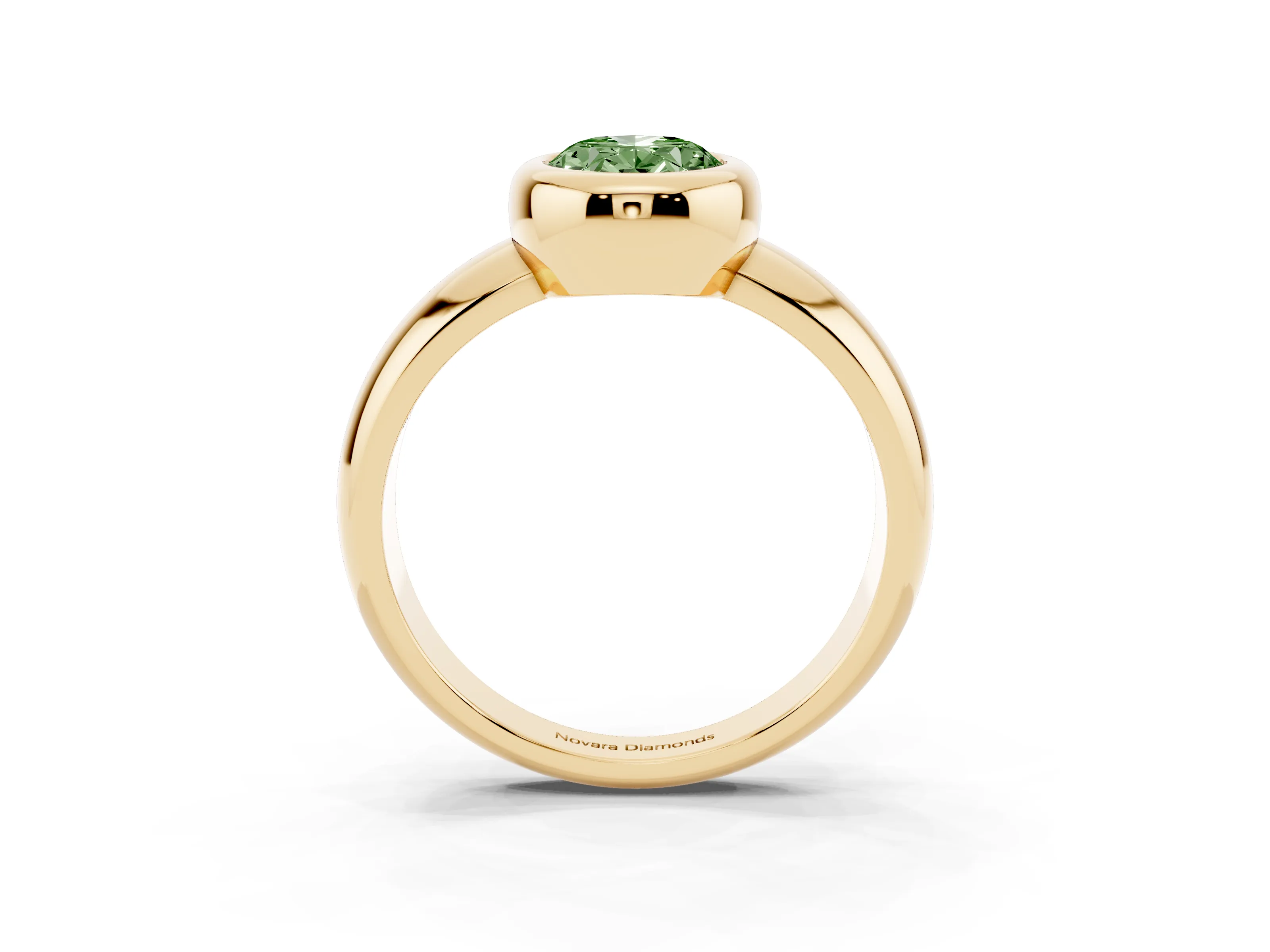 Fancy Green Bezel Set Oval Cut Diamond Solitaire Ring Set in Yellow gold with Wide Band