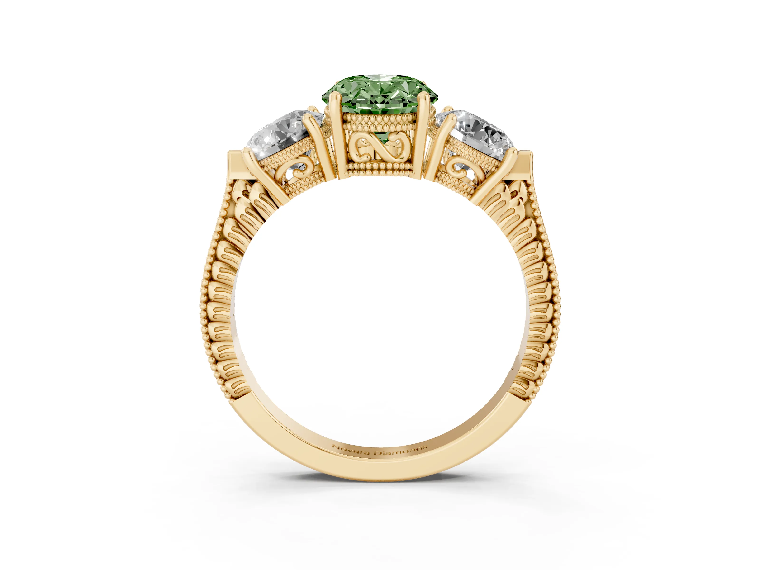 Fancy Green Oval Cut Diamond Three-Stone Ring Set in Yellow gold with Milgrain Band