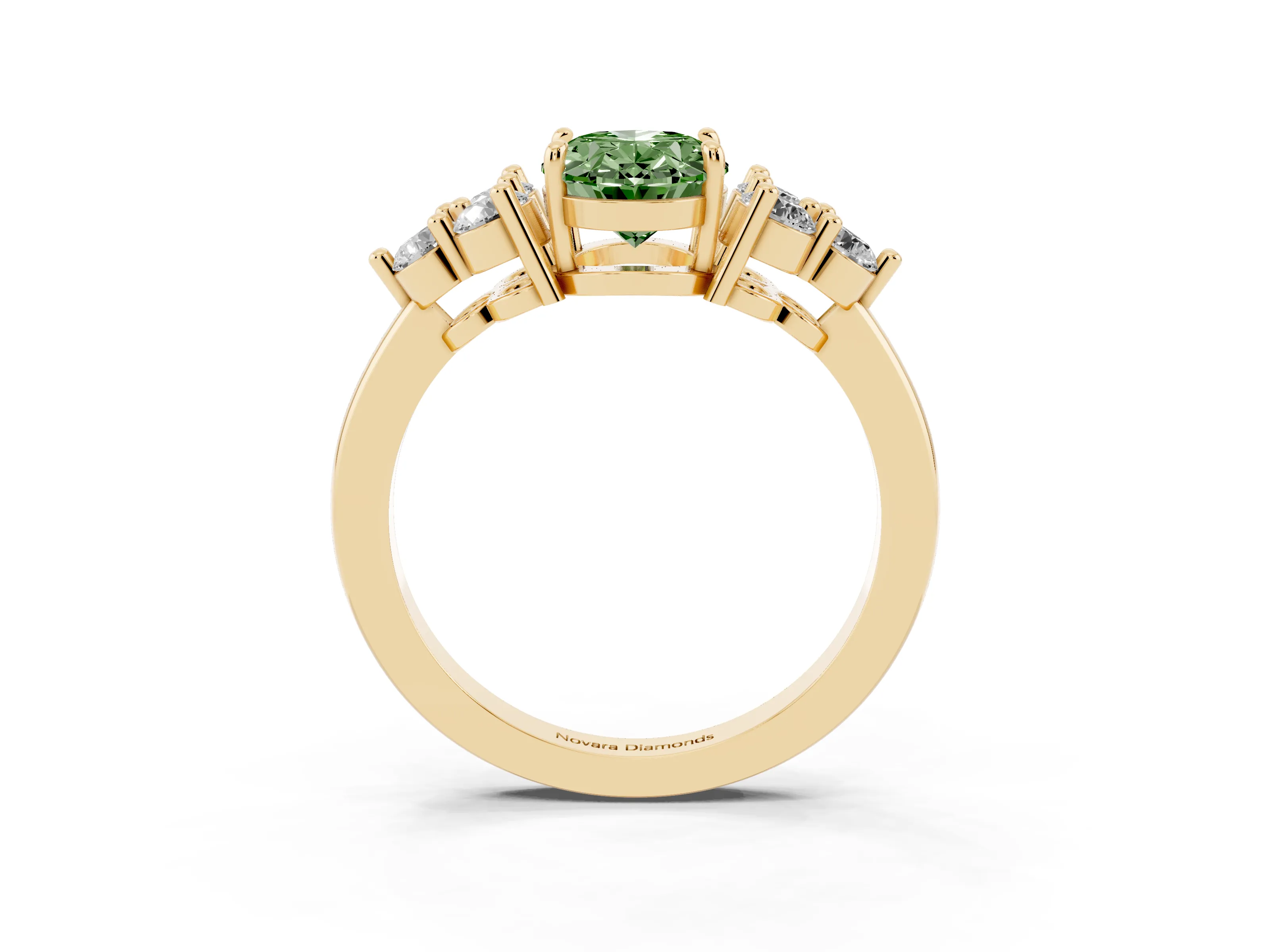 Fancy Green Oval Cut Diamond Solitaire Ring Set in Yellow gold with Cluster Accents on Each Side