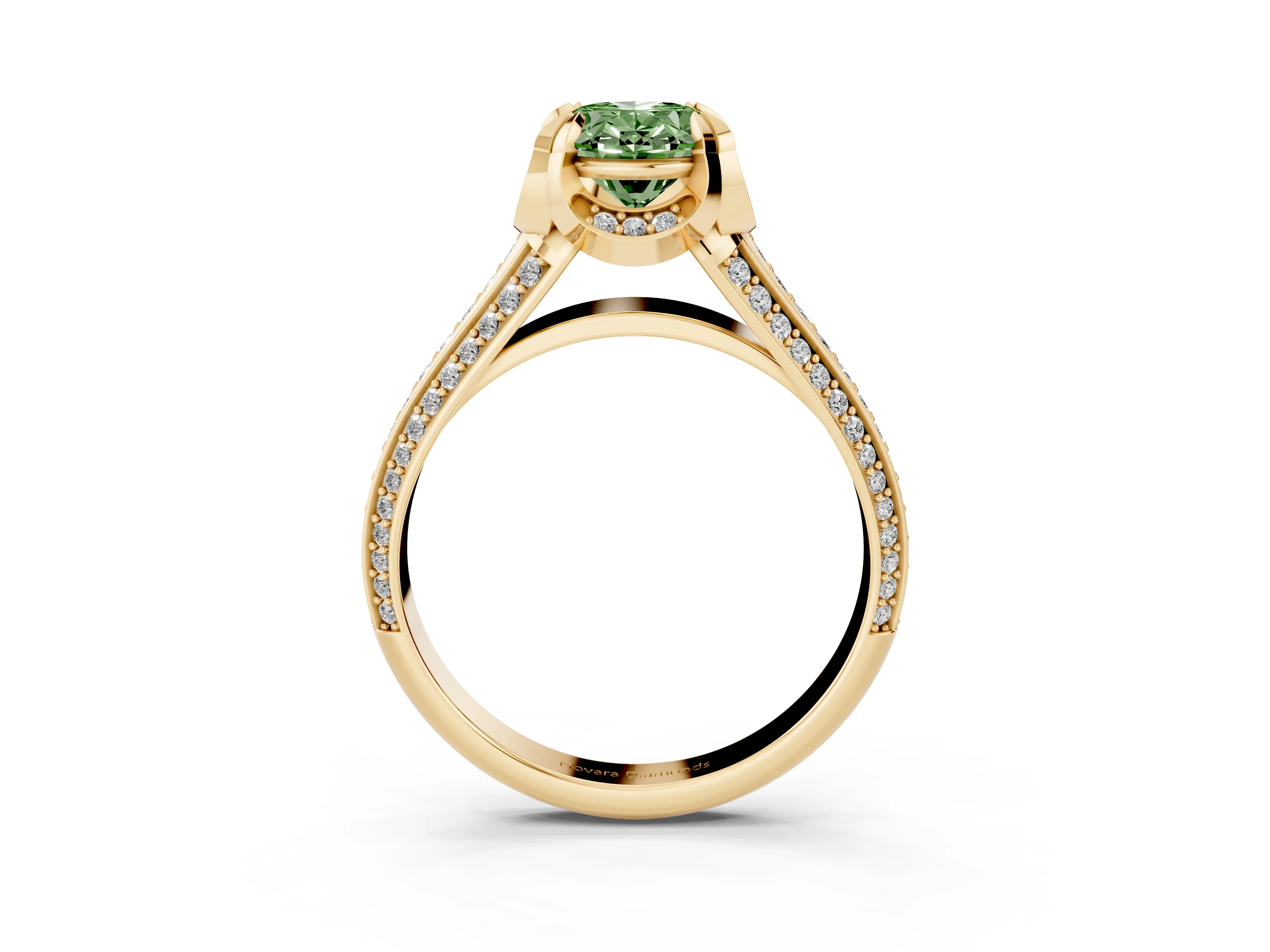 Fancy Green Oval Cut Diamond Pavé Split Shank Solitaire Ring Set in Yellow gold with Prong Setting