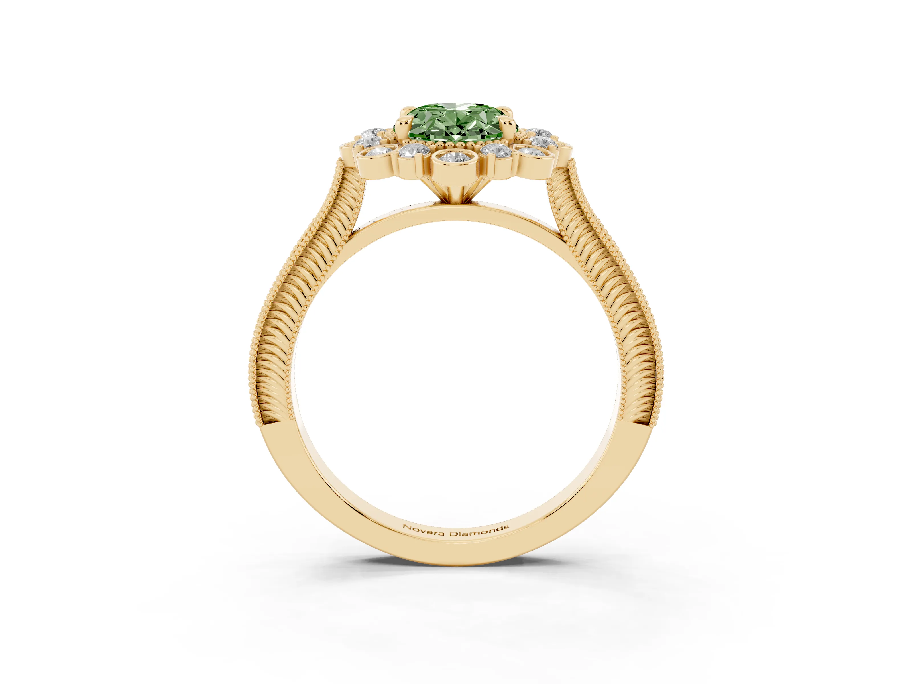 Fancy Green Oval Cut Diamond Halo Milgrain Pavé Ring Set in Yellow gold with Prong Setting