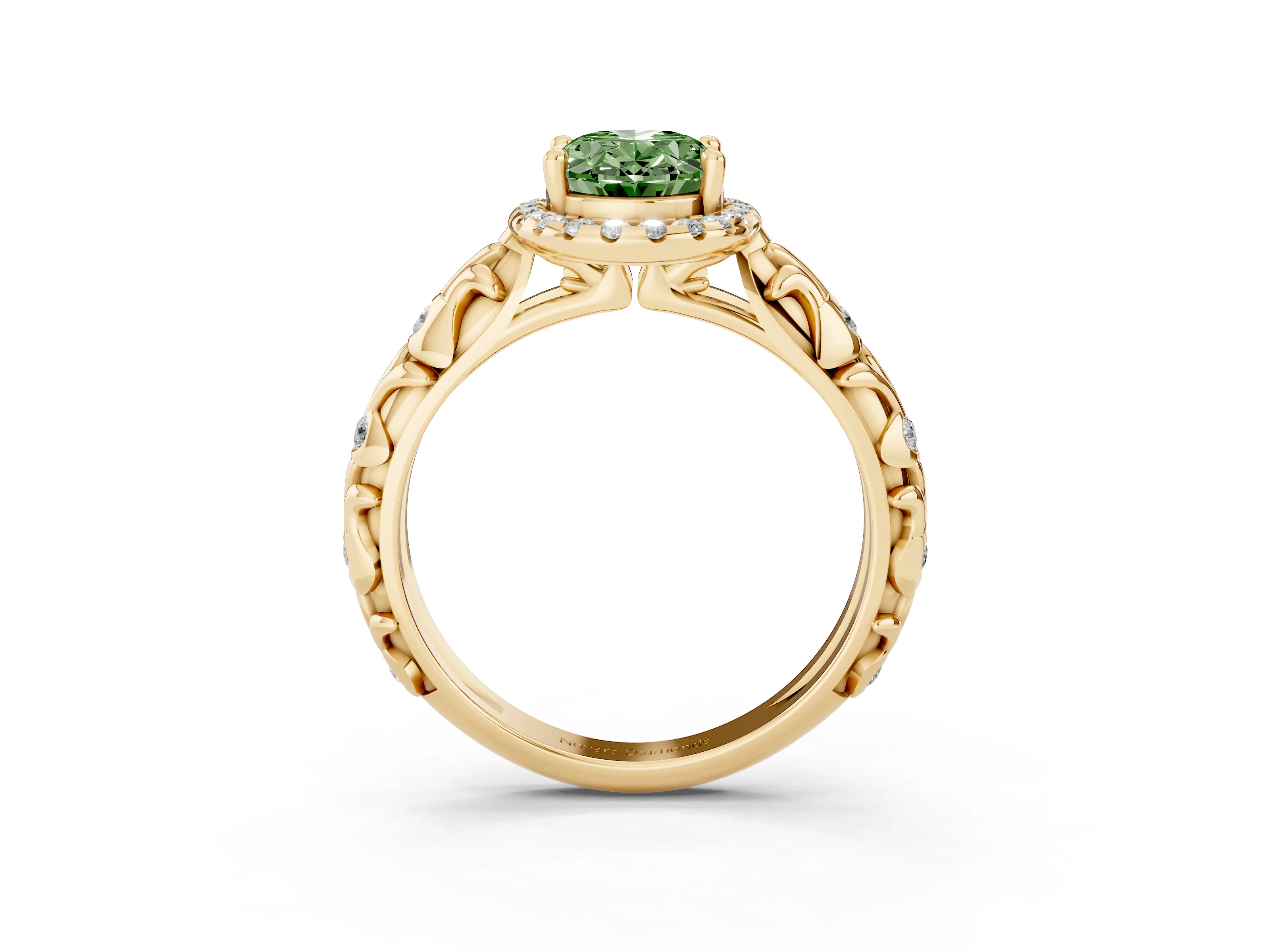 Fancy Green Oval Cut Diamond Halo Ring Set in Yellow gold with Filigree Leaf Band and Prong Setting