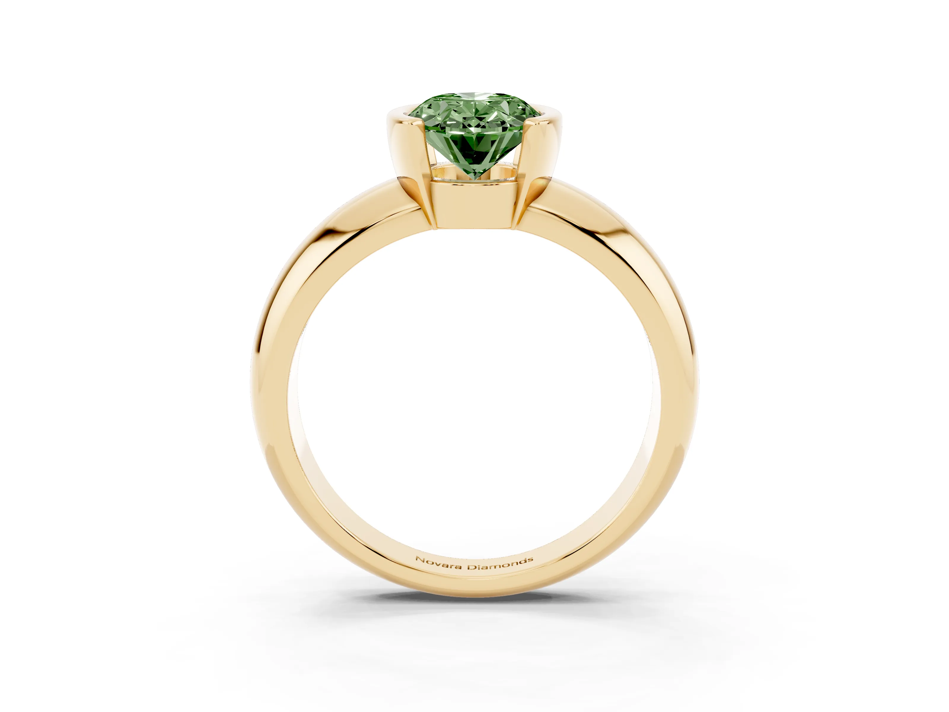 Fancy Green Oval Cut Diamond Solitaire Tension Set Ring Set in Yellow gold with Wide Band