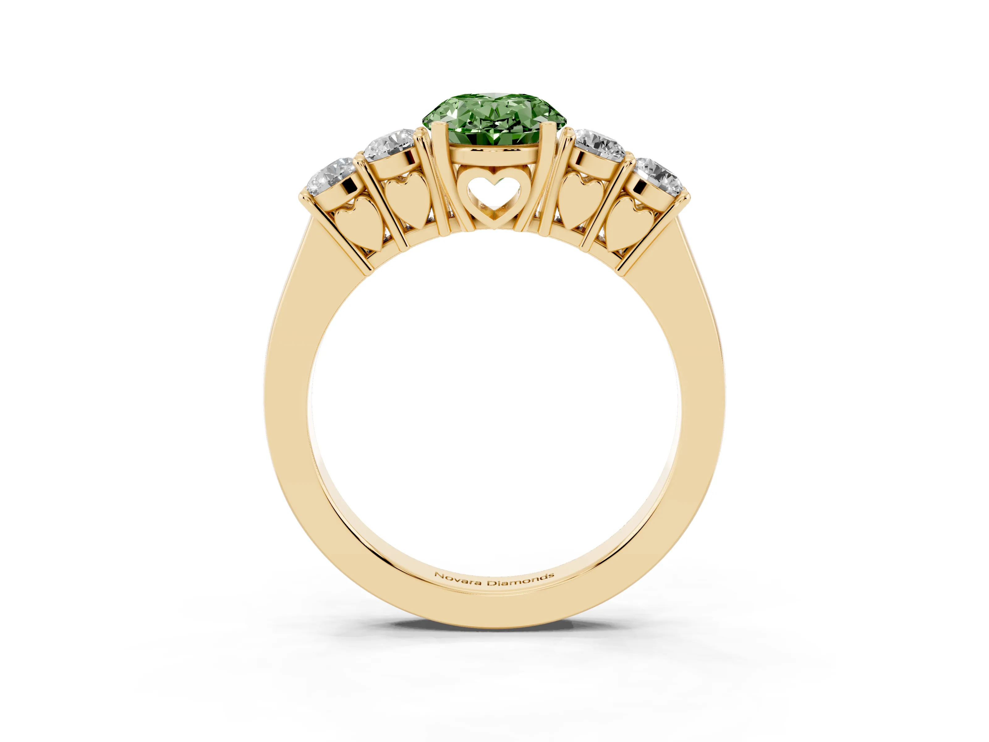 Fancy Green Oval Cut Diamond Five-Stone Prong Set Band Ring Set in Yellow gold with Polished Band