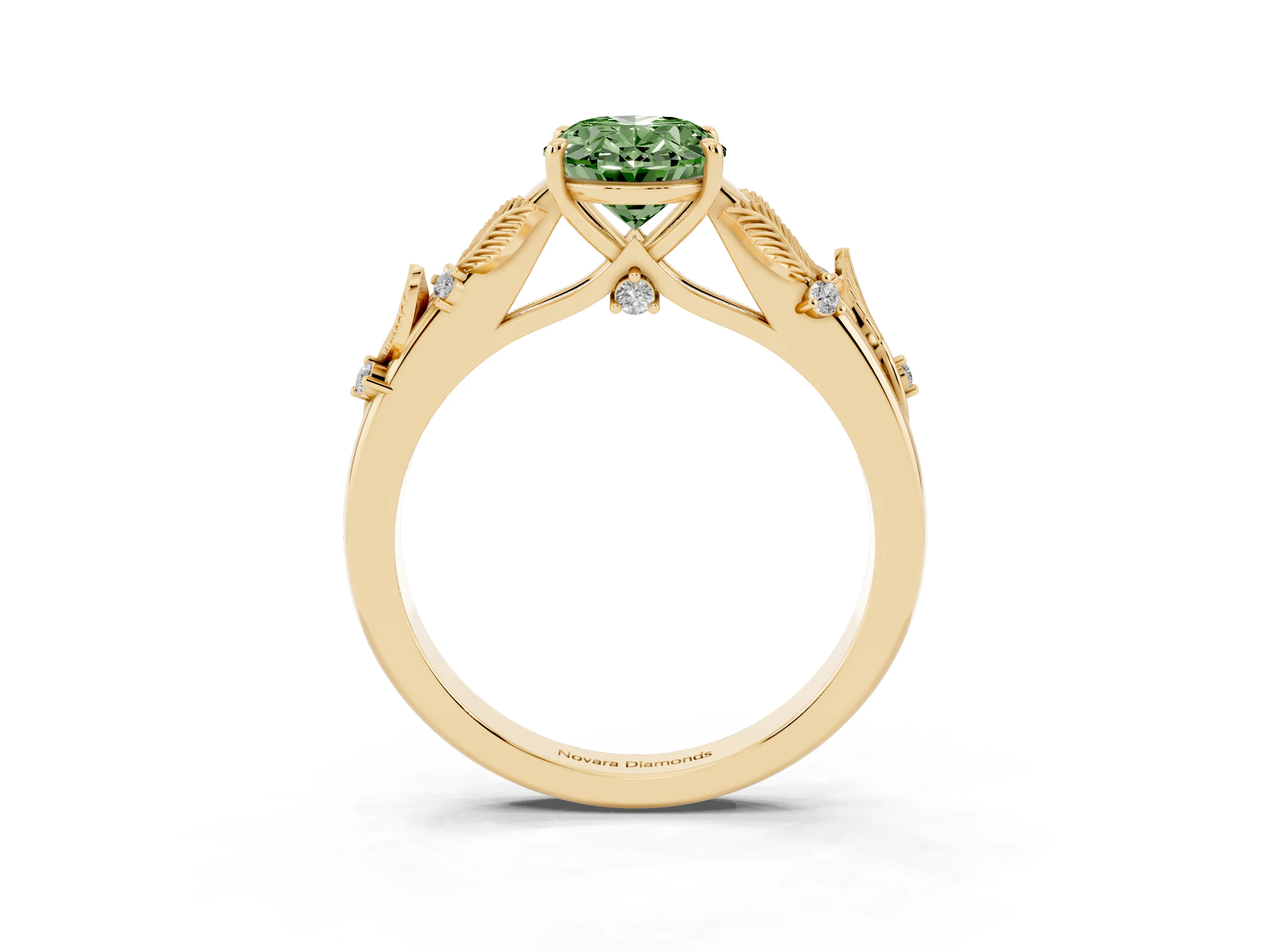Fancy Green Oval Cut Diamond Solitaire Ring Set in Yellow gold with Leaf Motif Band