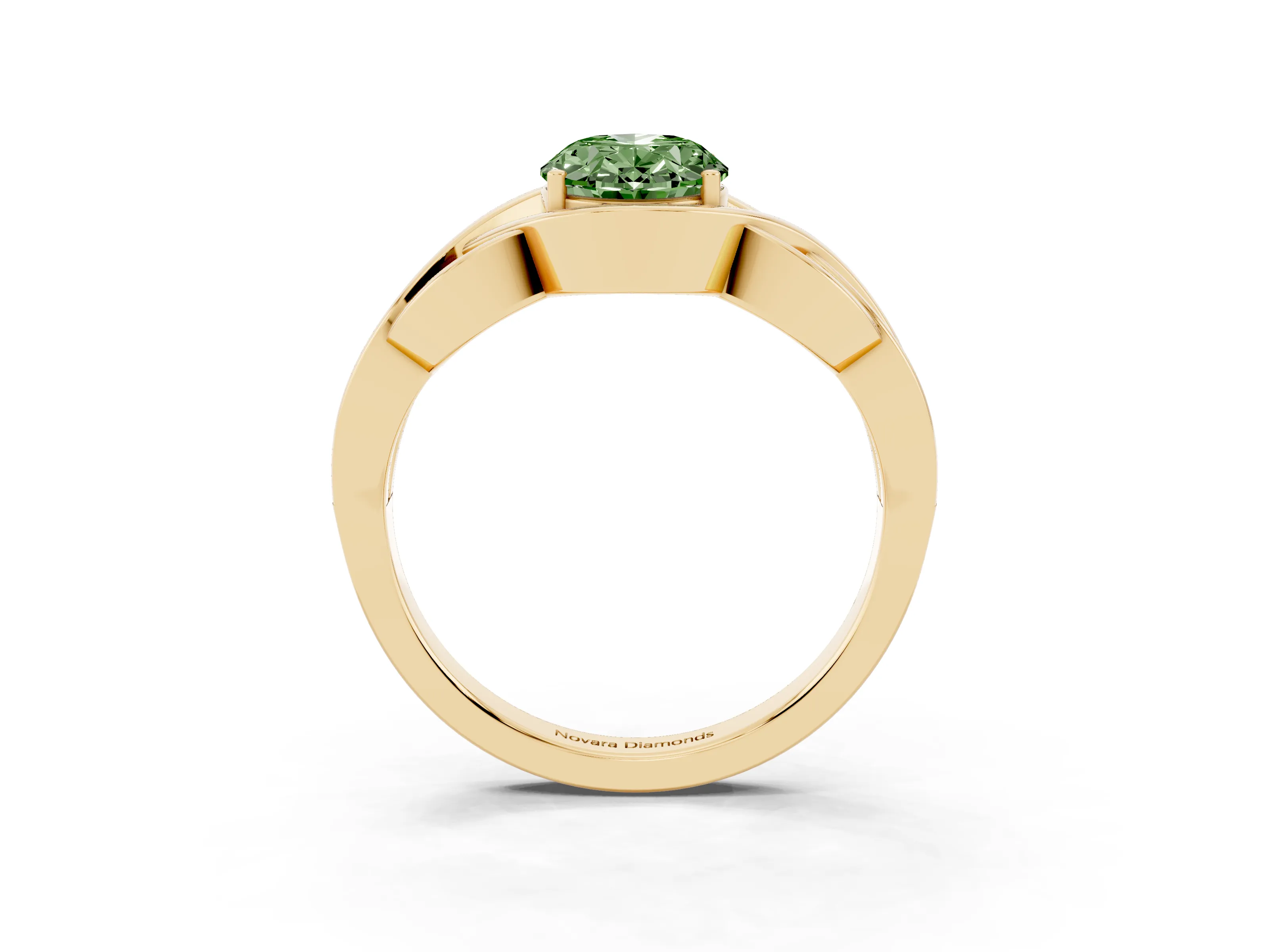 Fancy Green Oval Cut Diamond Solitaire Ring Set in Yellow gold with Intertwined Band