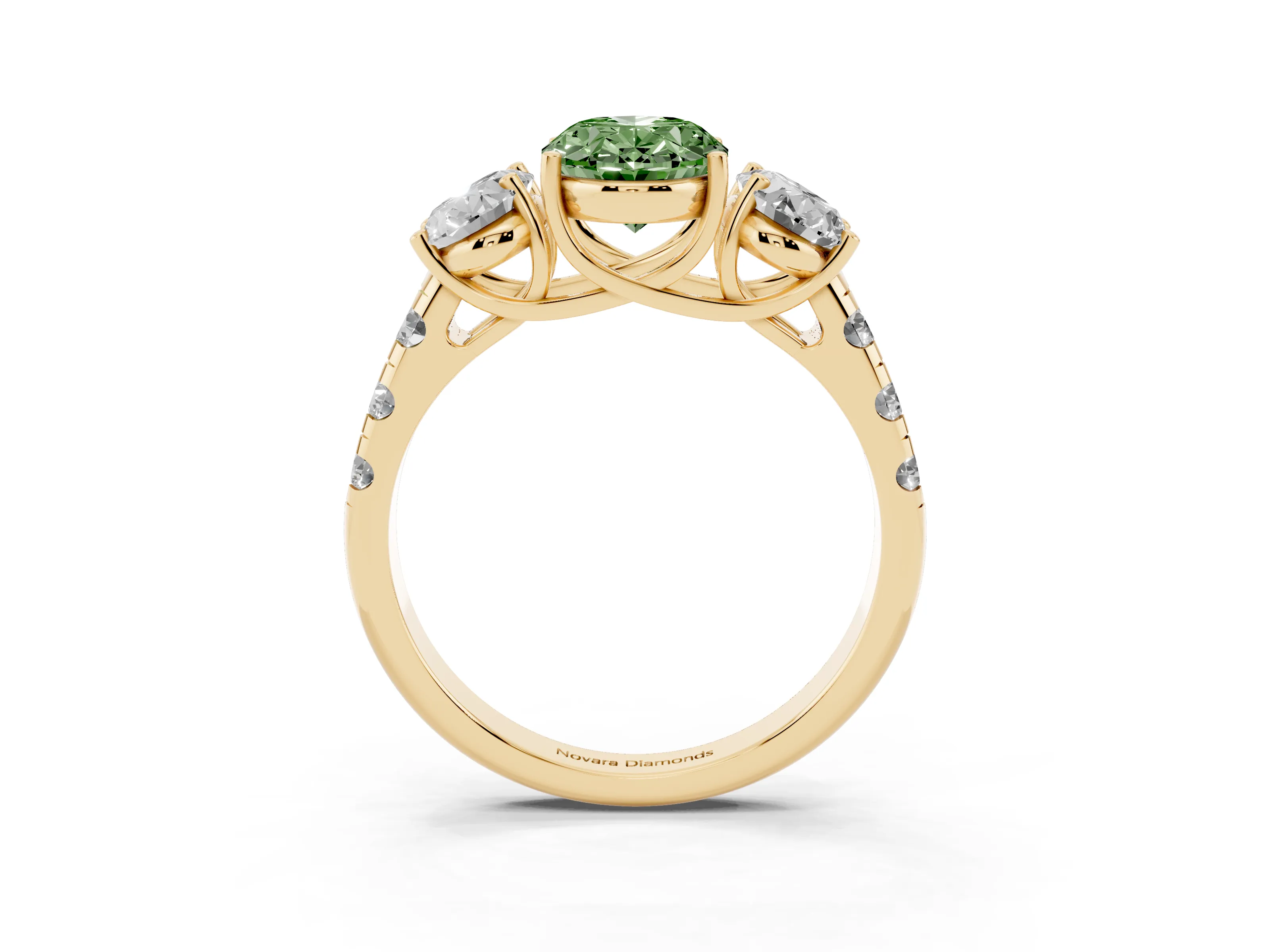 Fancy Green Oval Cut Diamond Three-Stone Ring Set in Yellow gold with Pavé Band
