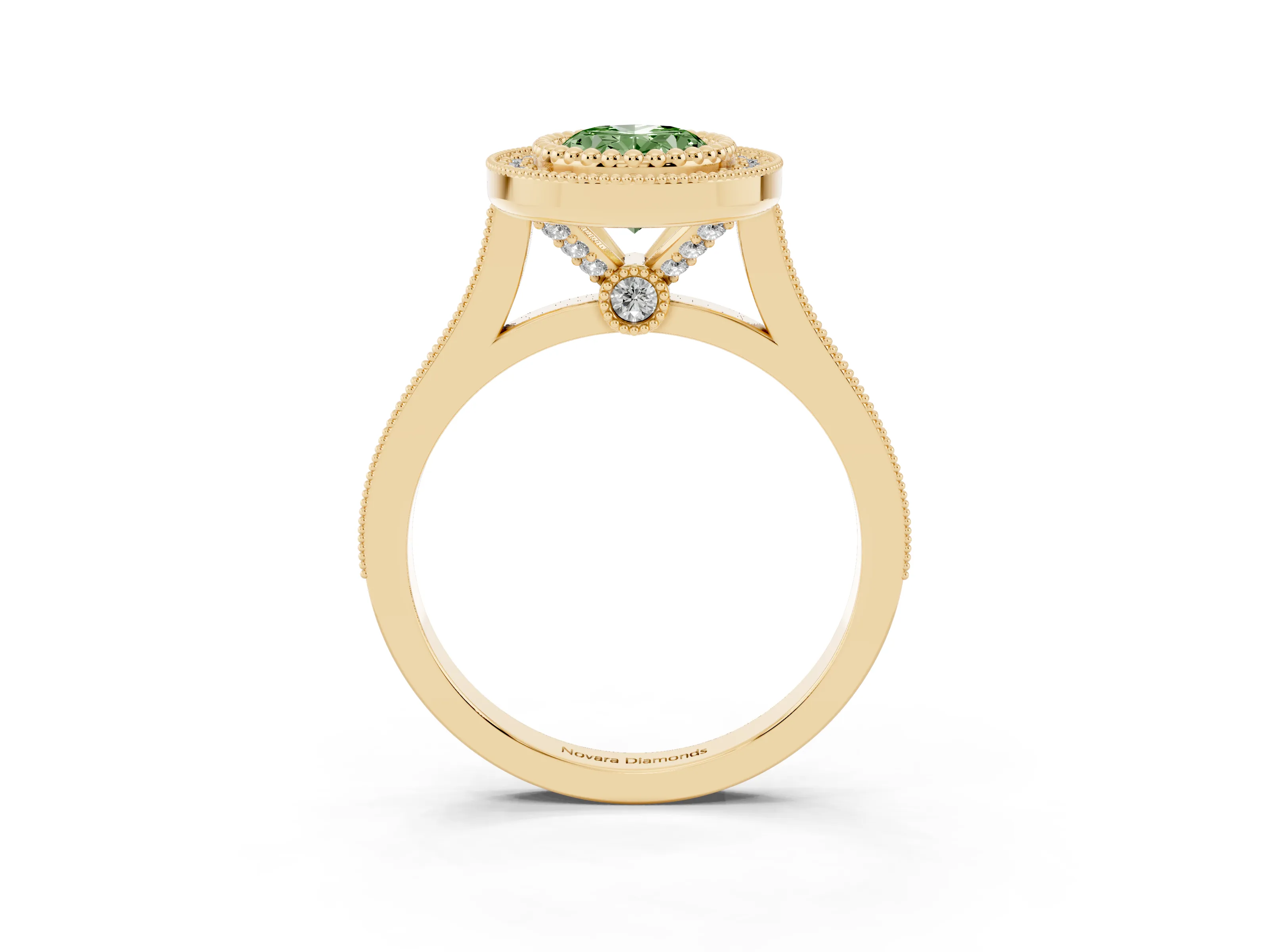 Fancy Green Oval Cut Diamond Halo Ring Set in Yellow gold with Milgrain Frame and Pavé Band