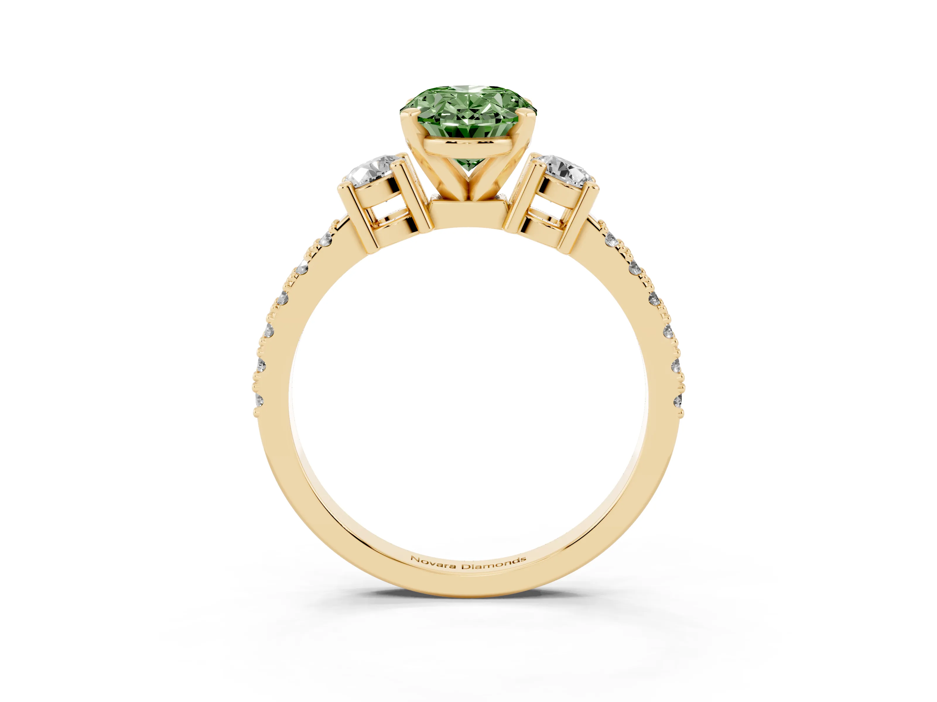 Fancy Green Three-Stone Oval Cut Diamond Pavé Band Ring Set in Yellow gold with Prong Setting