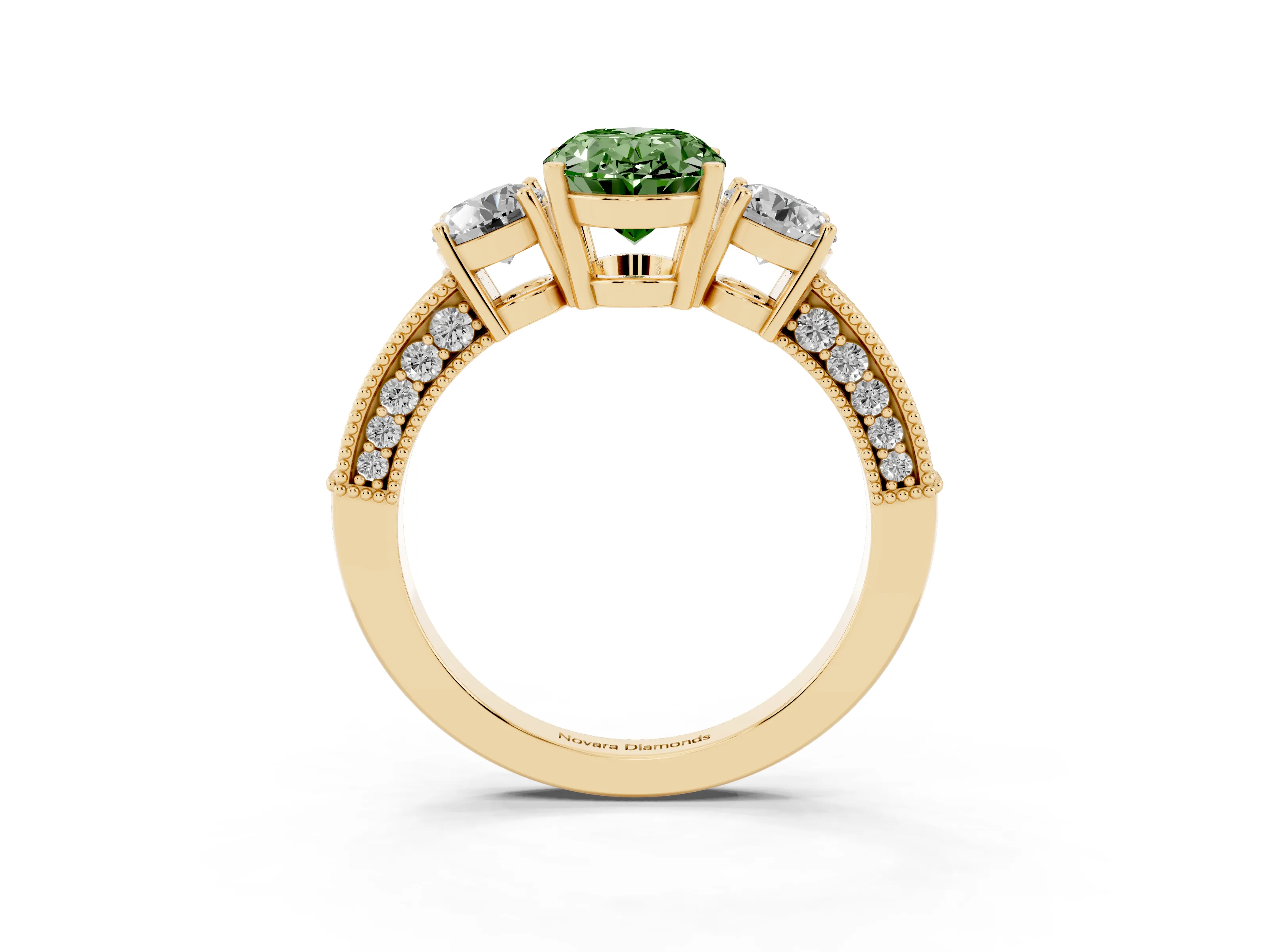 Fancy Green Oval Cut Diamond Three-Stone Ring Set in Yellow gold with Round Side Stones and Pavé Band