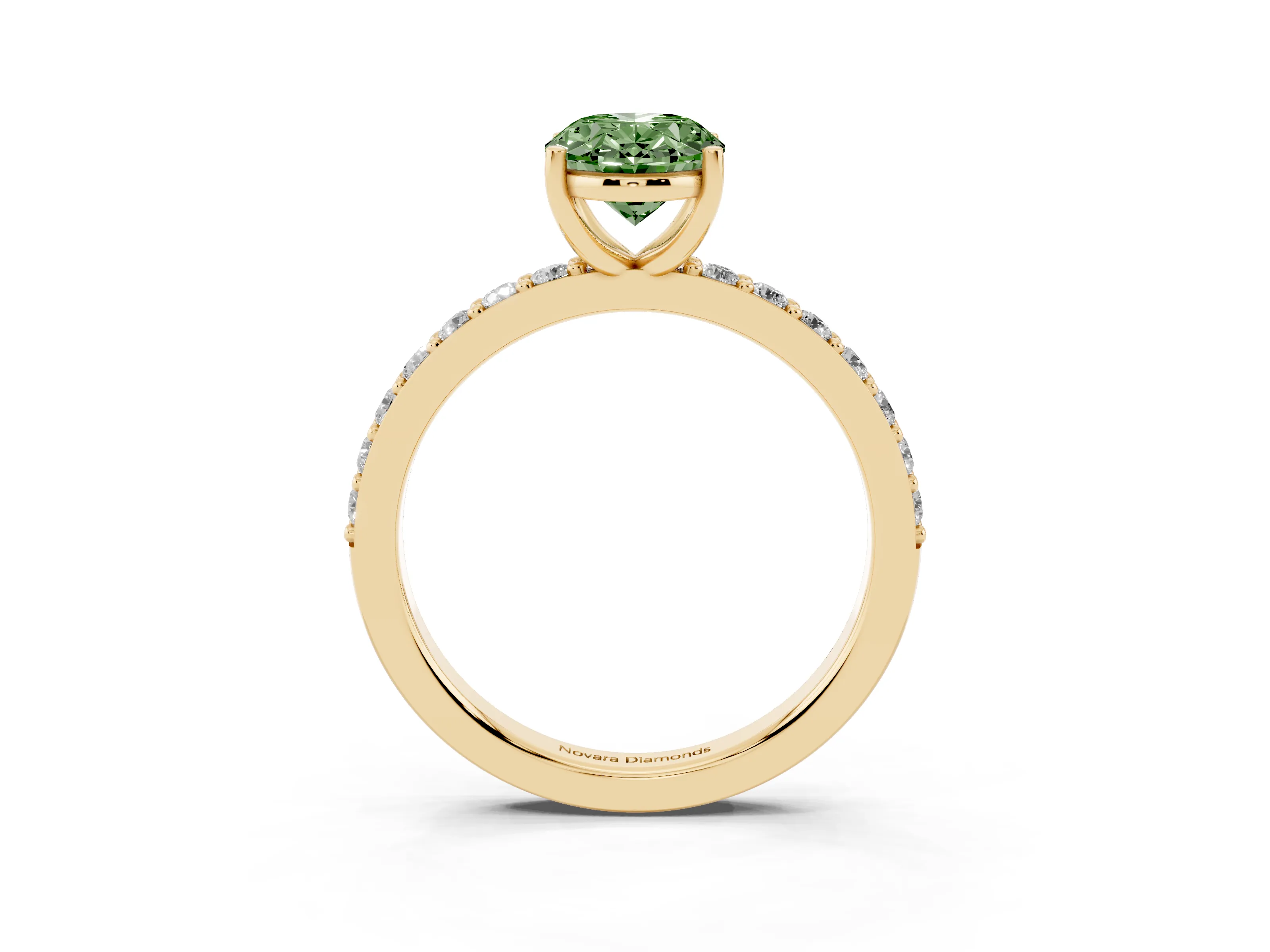 Fancy Green Oval Cut Diamond Solitaire Set in Yellow gold with Round Pavé Band and Prong Setting
