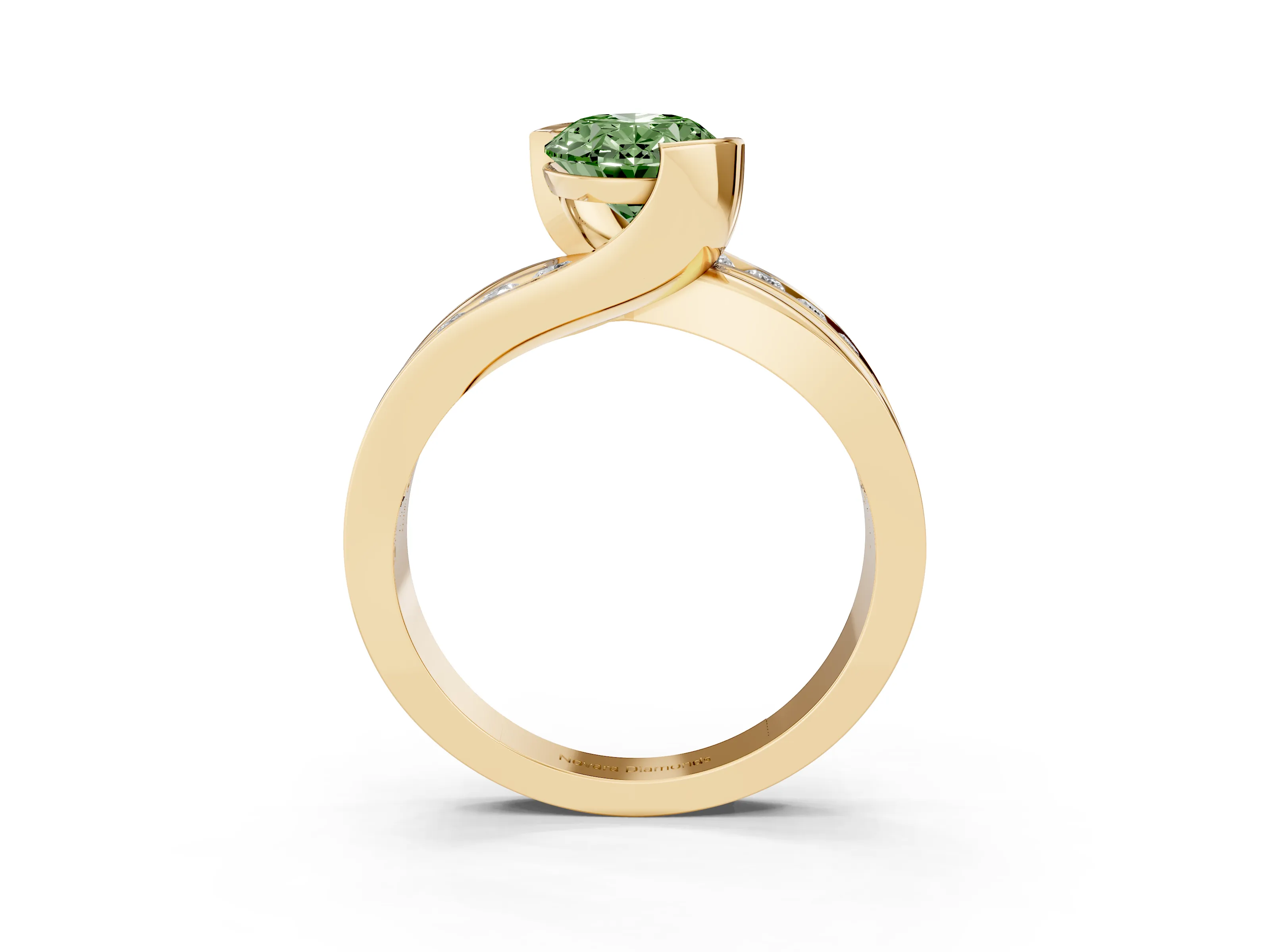 Fancy Green Oval Cut Diamond Solitaire Ring Set in Yellow gold with Channel Set Split Shank and Tension Prongs