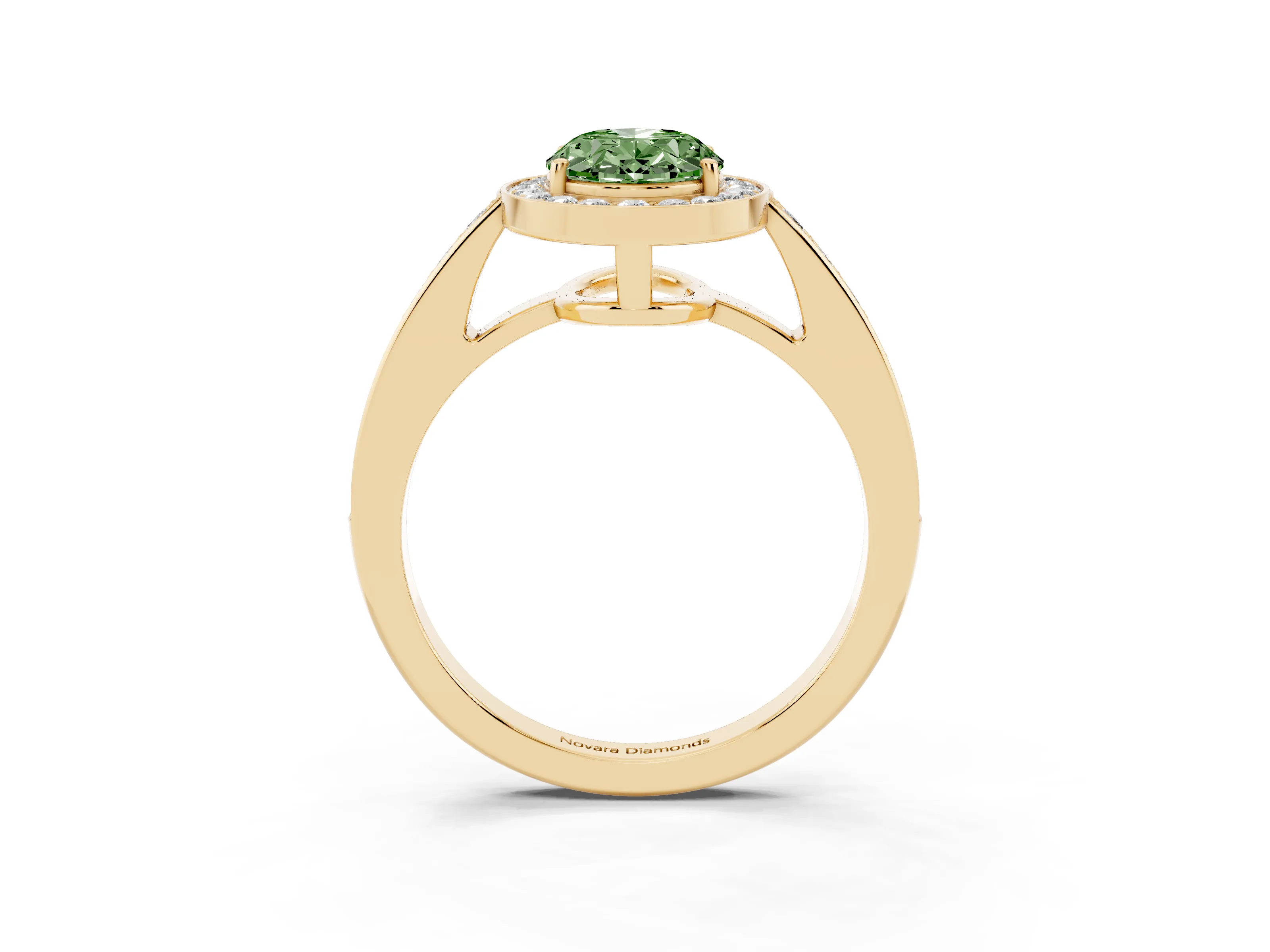 Fancy Green Oval Cut Diamond Halo Pavé Engagement Ring Set in Yellow gold with Bezel Setting