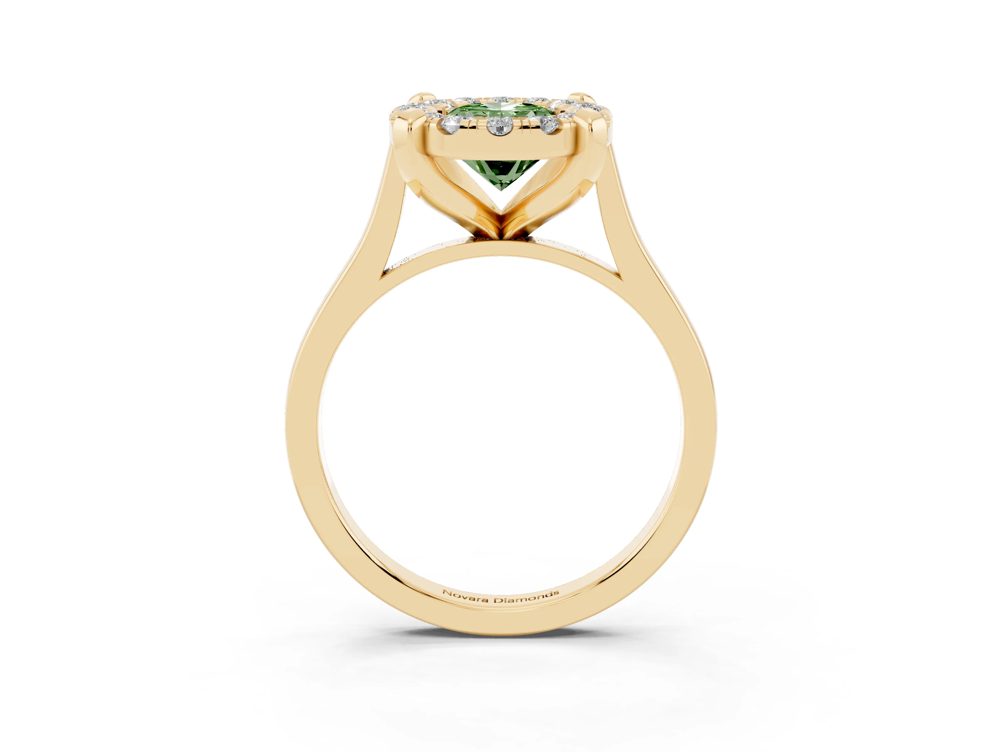 Fancy Green Oval Cut Diamond Cluster Halo Solitaire Ring Set in Yellow gold with Prong Setting