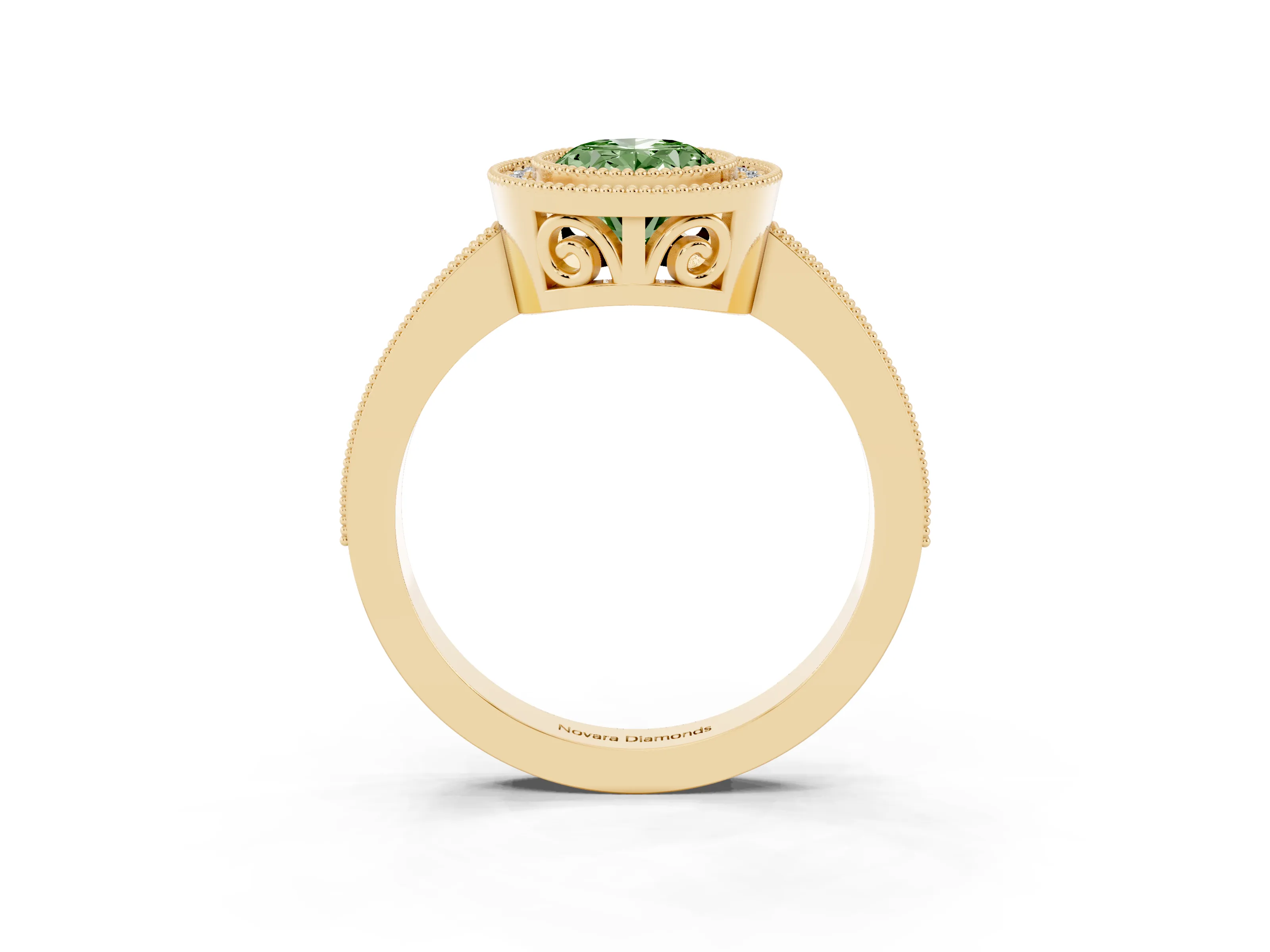 Fancy Green Oval Cut Diamond Round Halo Ring Set in Yellow gold with Pavé Band