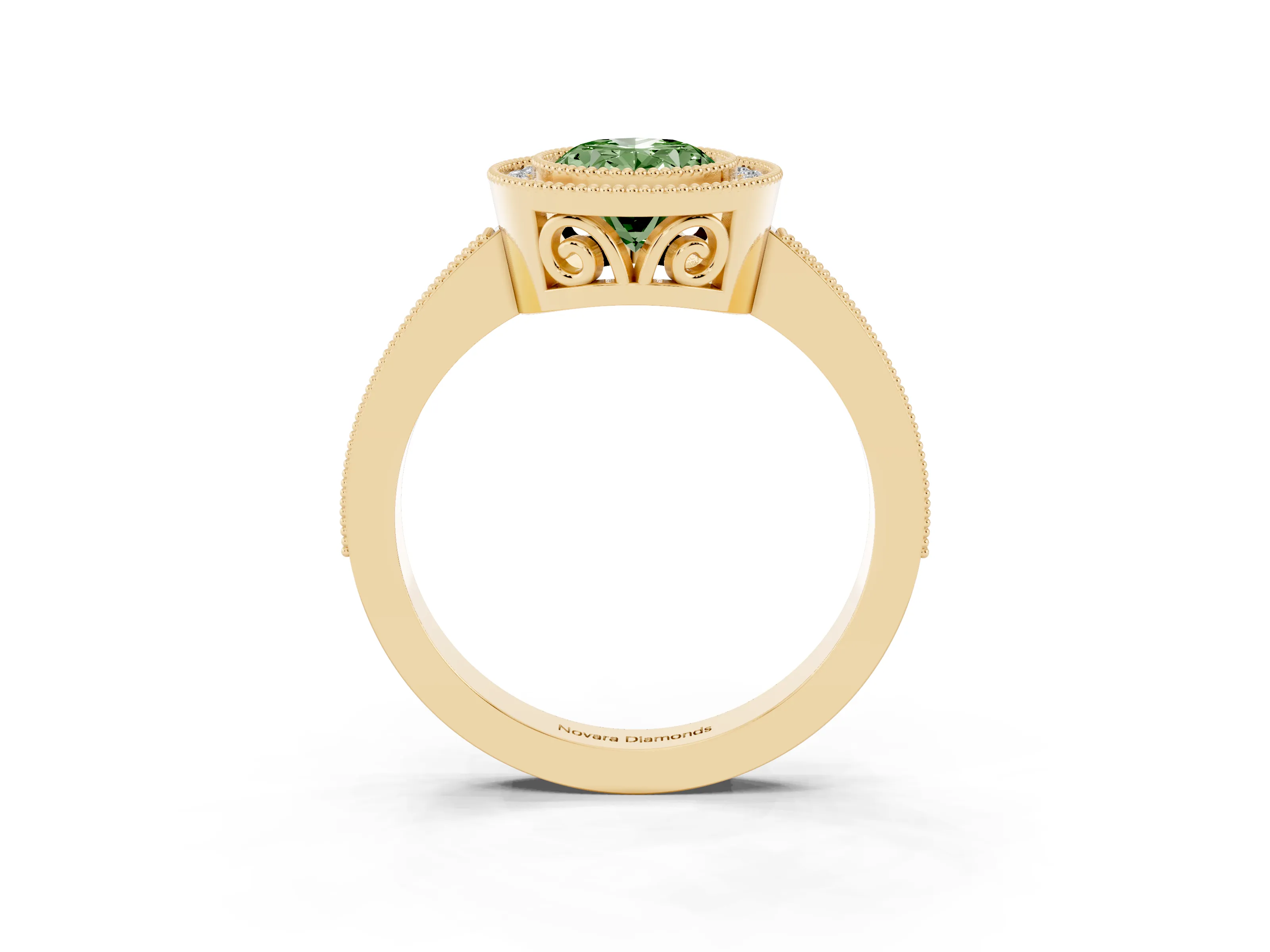 Fancy Green Oval Cut Diamond Halo Ring Set in Yellow gold with Pavé Band and Milgrain-Edged Prongs