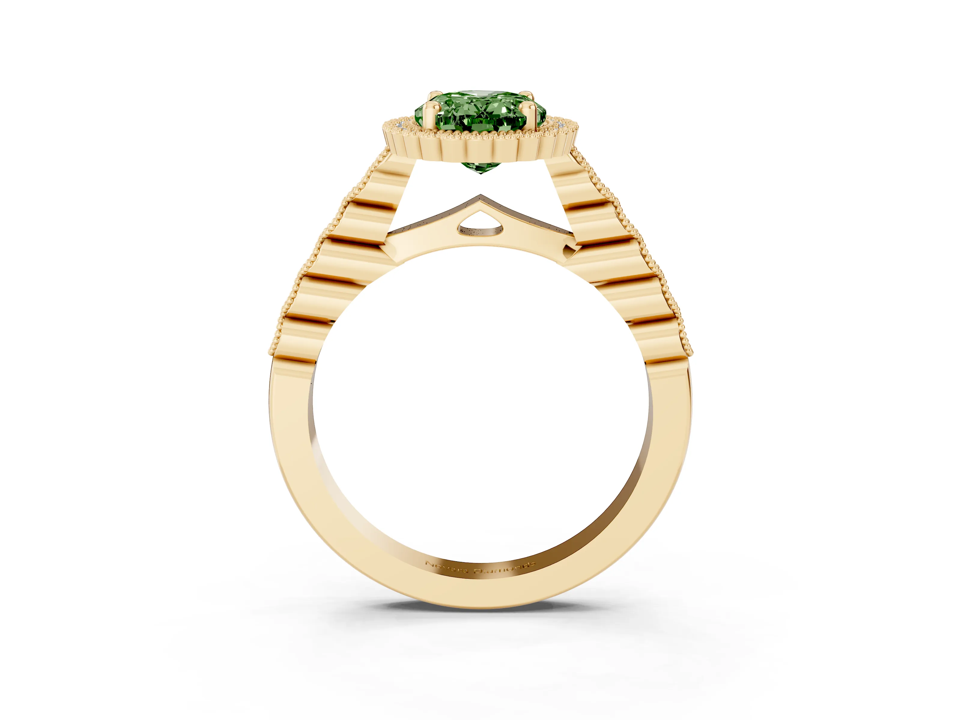 Fancy Green Oval Cut Diamond Halo Ring Set in Yellow gold with Pavé Milgrain Band