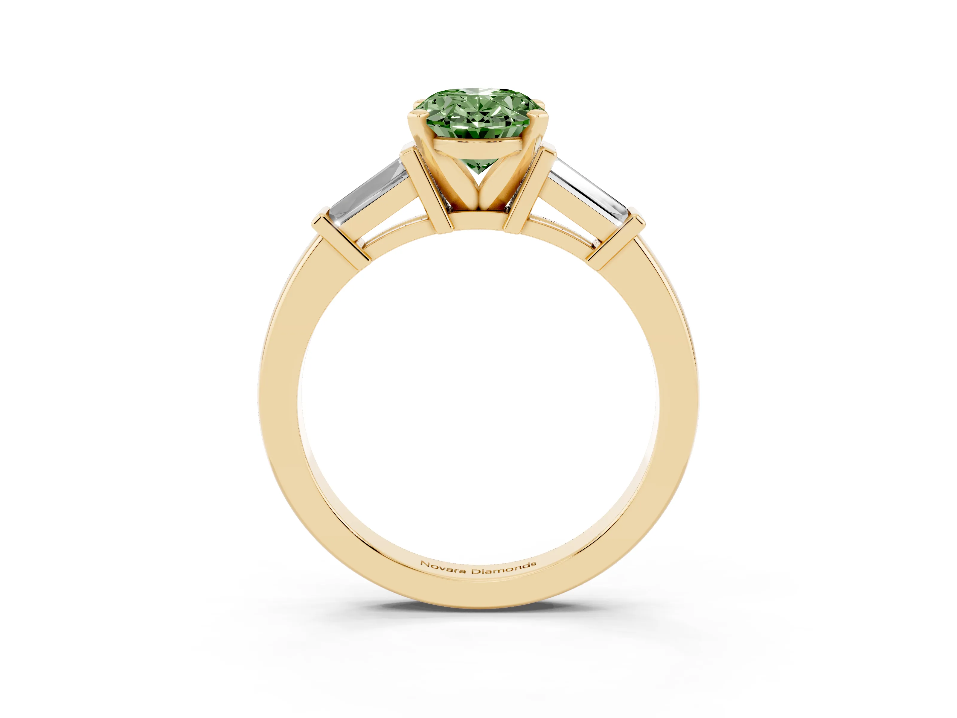 Fancy Green Oval Cut Diamond Solitaire Ring Set in Yellow gold with Tapered Baguette Accents and Prong Setting