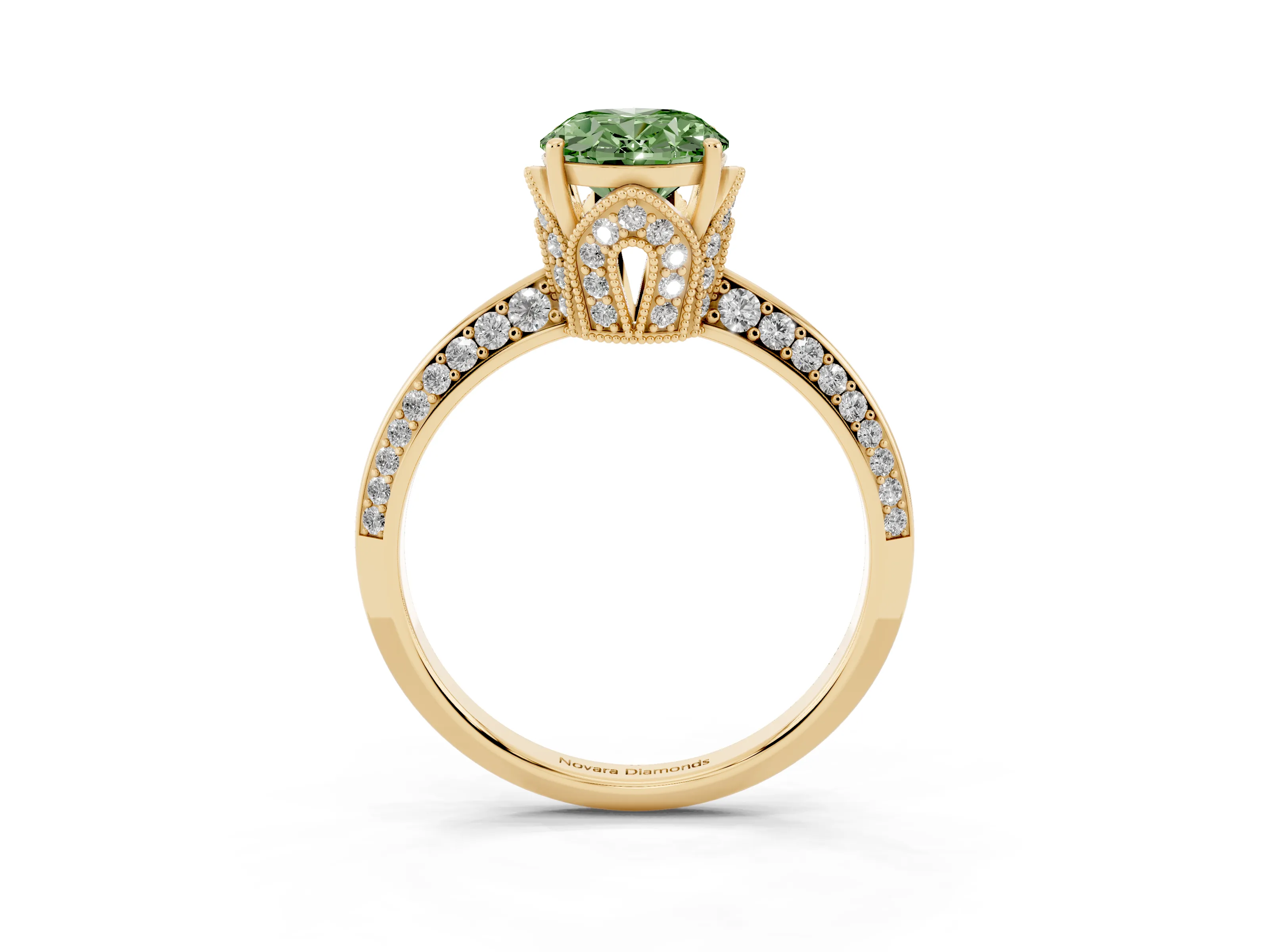 Fancy Green Oval Cut Diamond Solitaire Engagement Ring Set in Yellow gold with Pavé Split Shank and Prong Setting