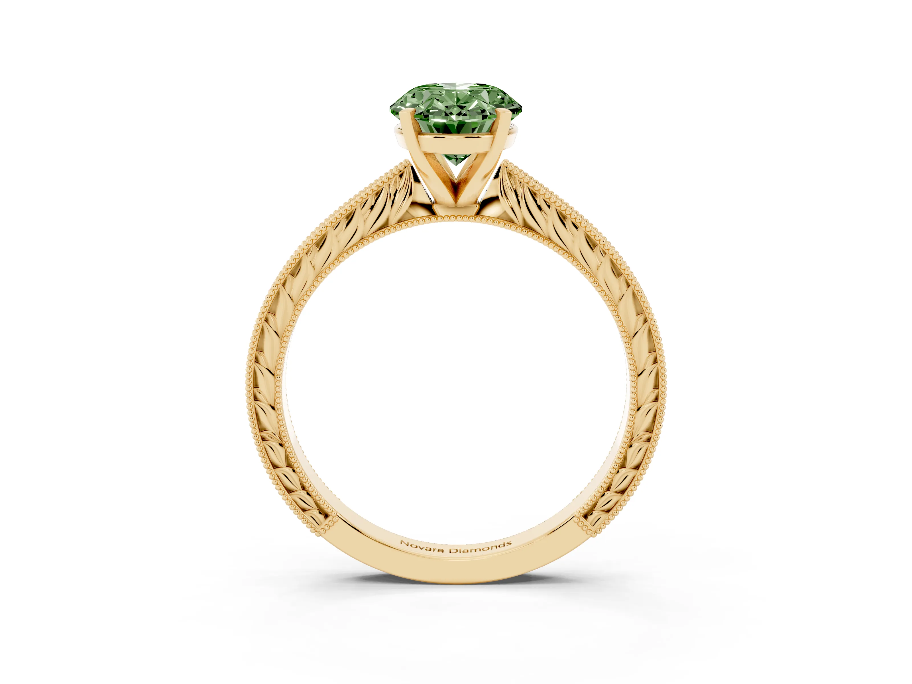 Fancy Green Oval Cut Diamond Solitaire Milgrain Engraved Band Set in Yellow gold with Prong Setting