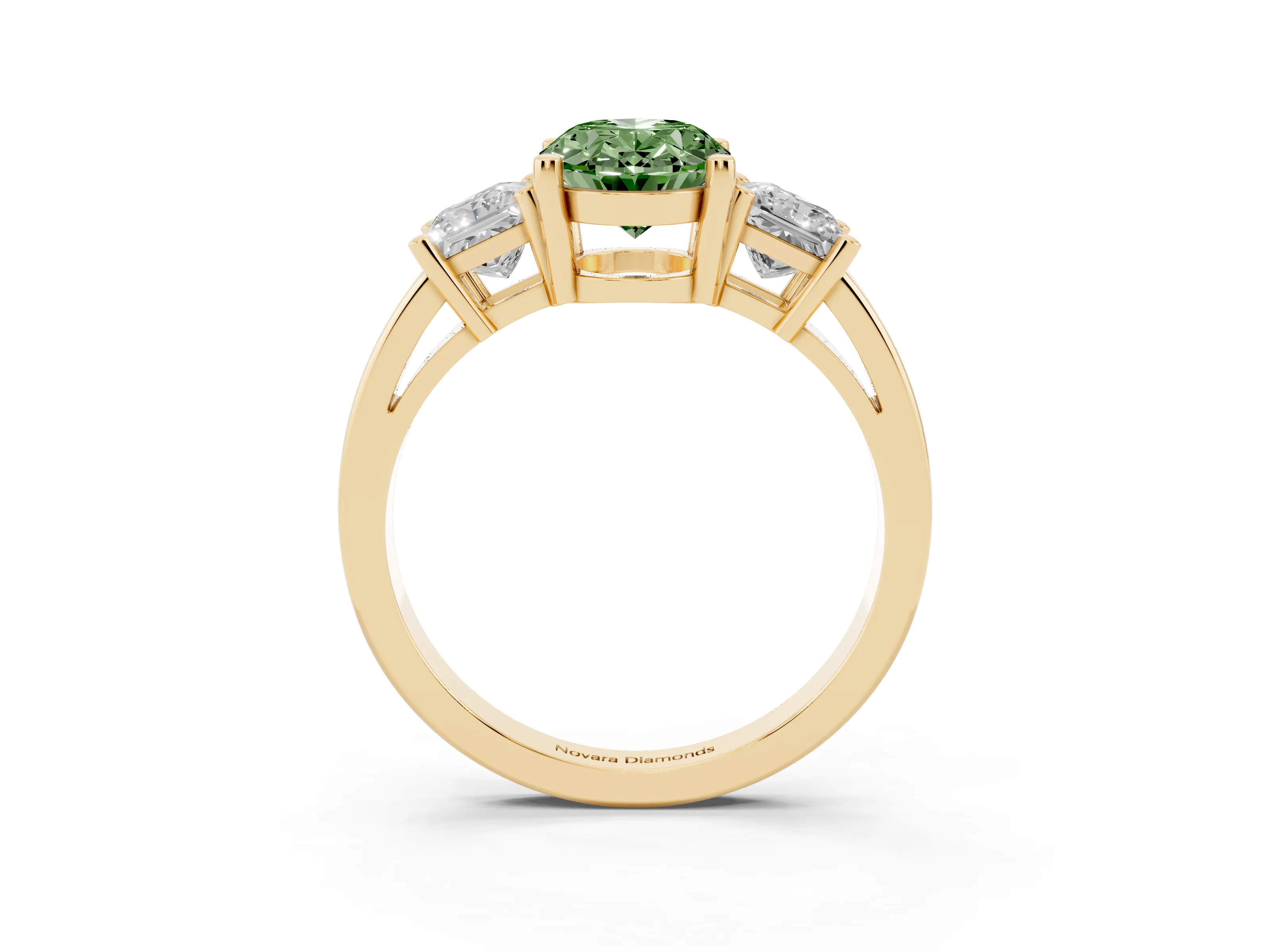 Fancy Green Three-Stone Oval Cut Diamond Solitaire Ring Set in Yellow gold with Prong Setting