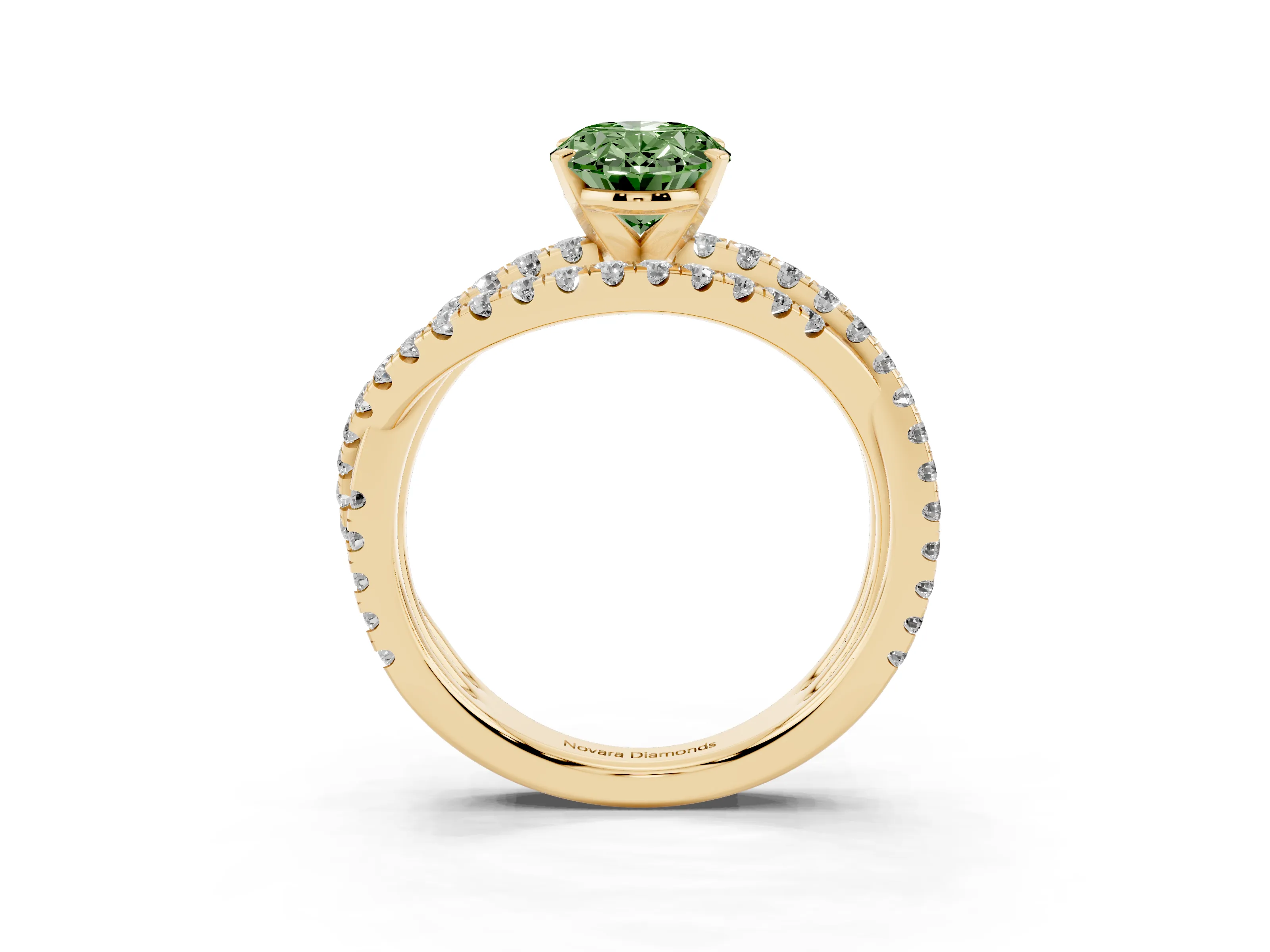 Fancy Green Oval Cut Diamond Solitaire Twist Band Ring Set in Yellow gold with Pavé Setting and Prong Head