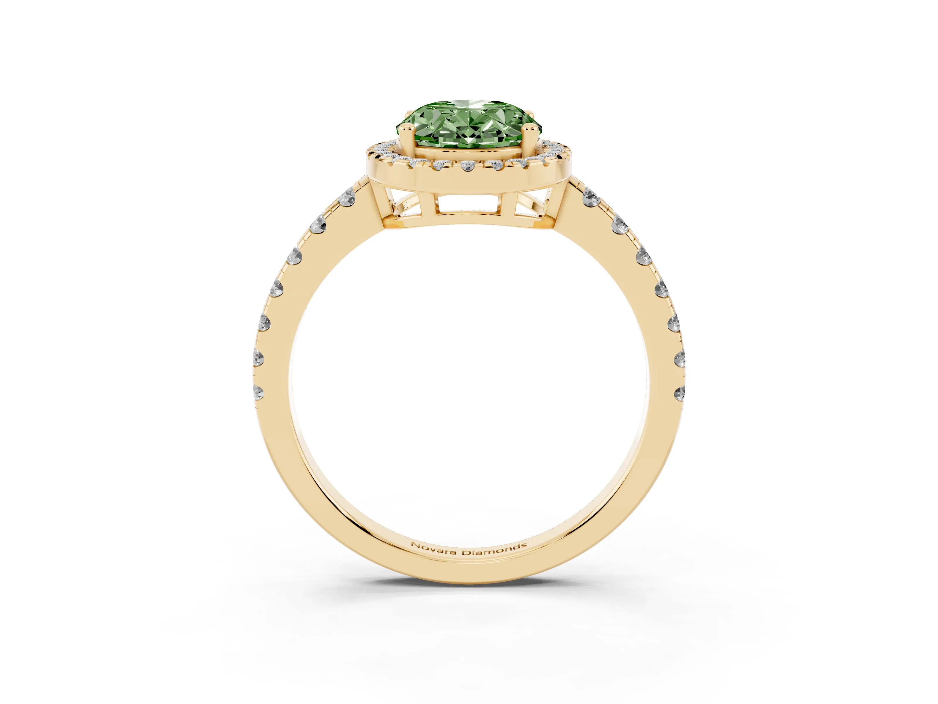 Fancy Green Oval Cut Diamond Halo Ring Set in Yellow gold with Delicate Pavé Band and Prong Setting