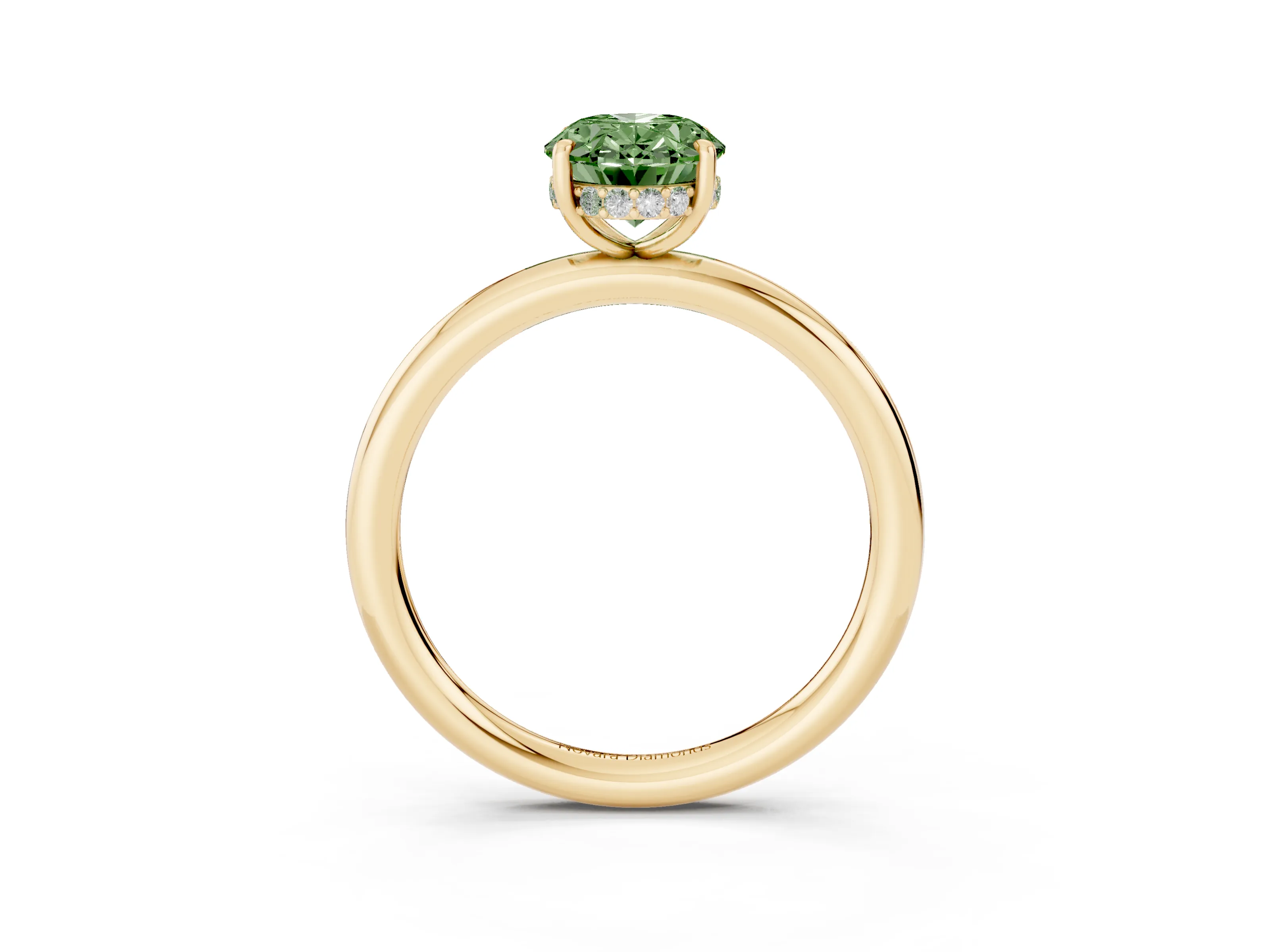 Fancy Green Oval Cut Diamond Solitaire Ring Set in Yellow gold with Thin Band and Prong Setting