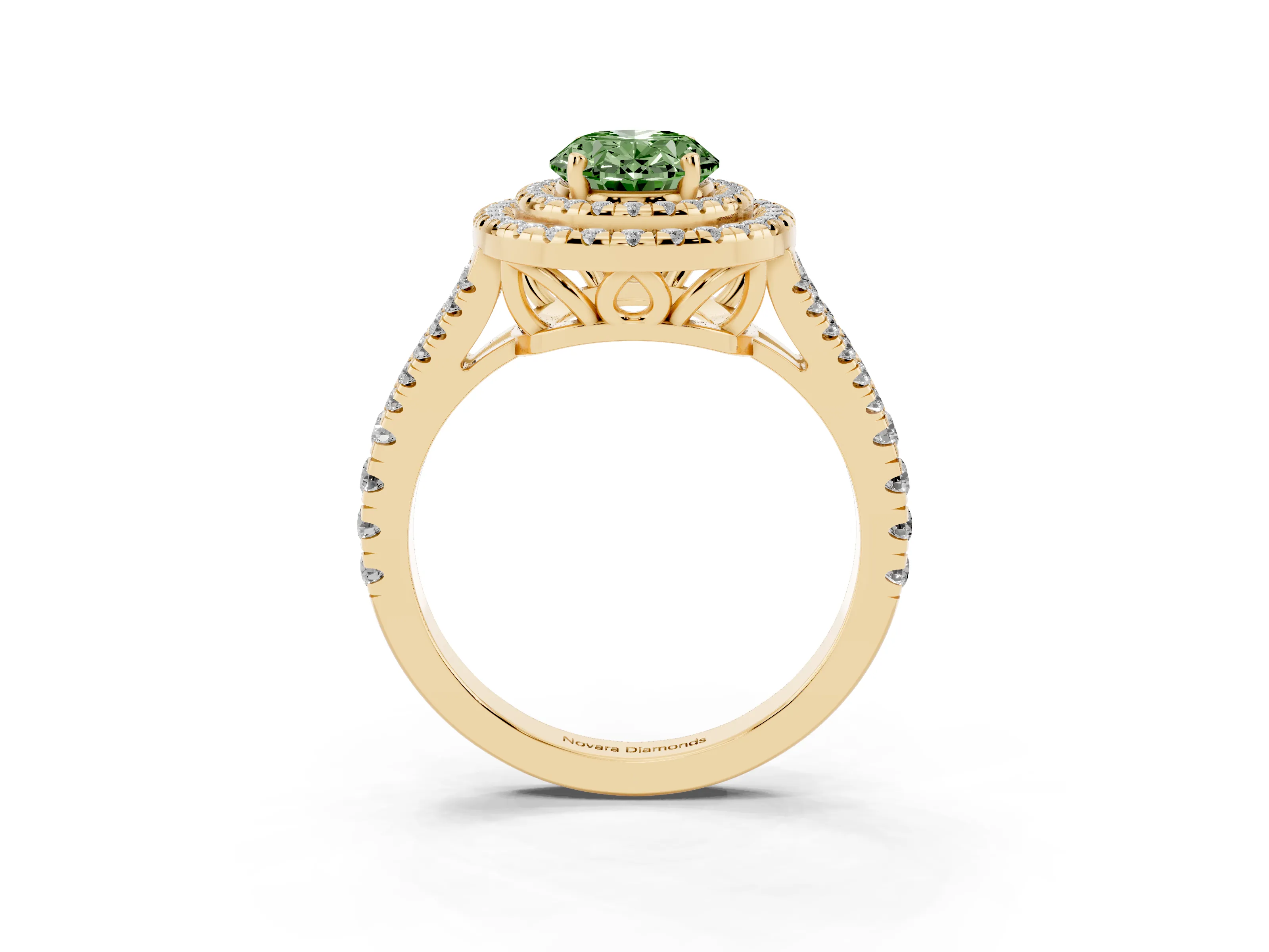 Fancy Green Oval Cut Diamond Double Halo Ring Set in Yellow gold with Pavé Band