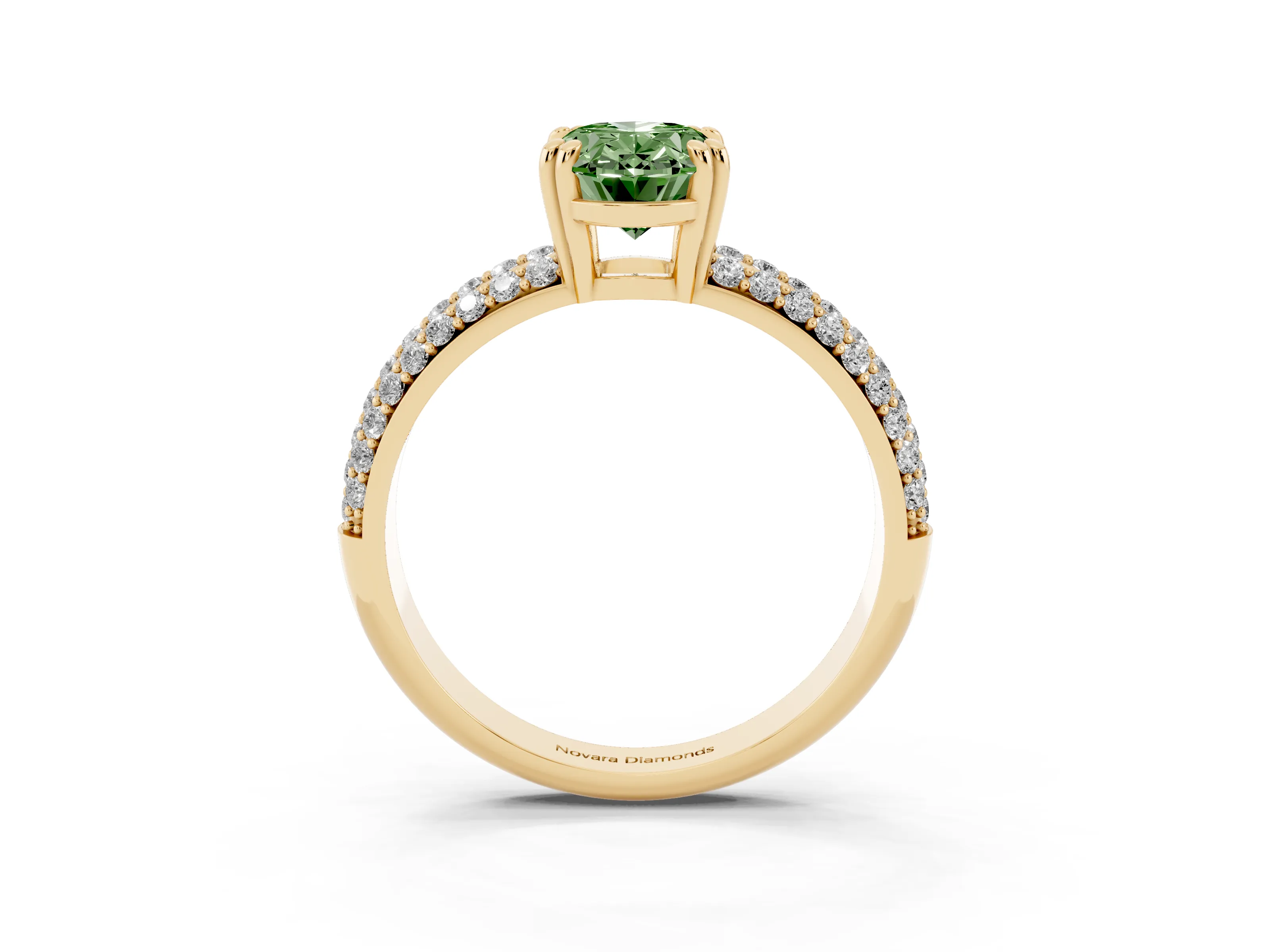 Fancy Green Oval Cut Diamond Solitaire Ring Set in Yellow gold with Multi-Row Round Pavé Band and Prong Setting