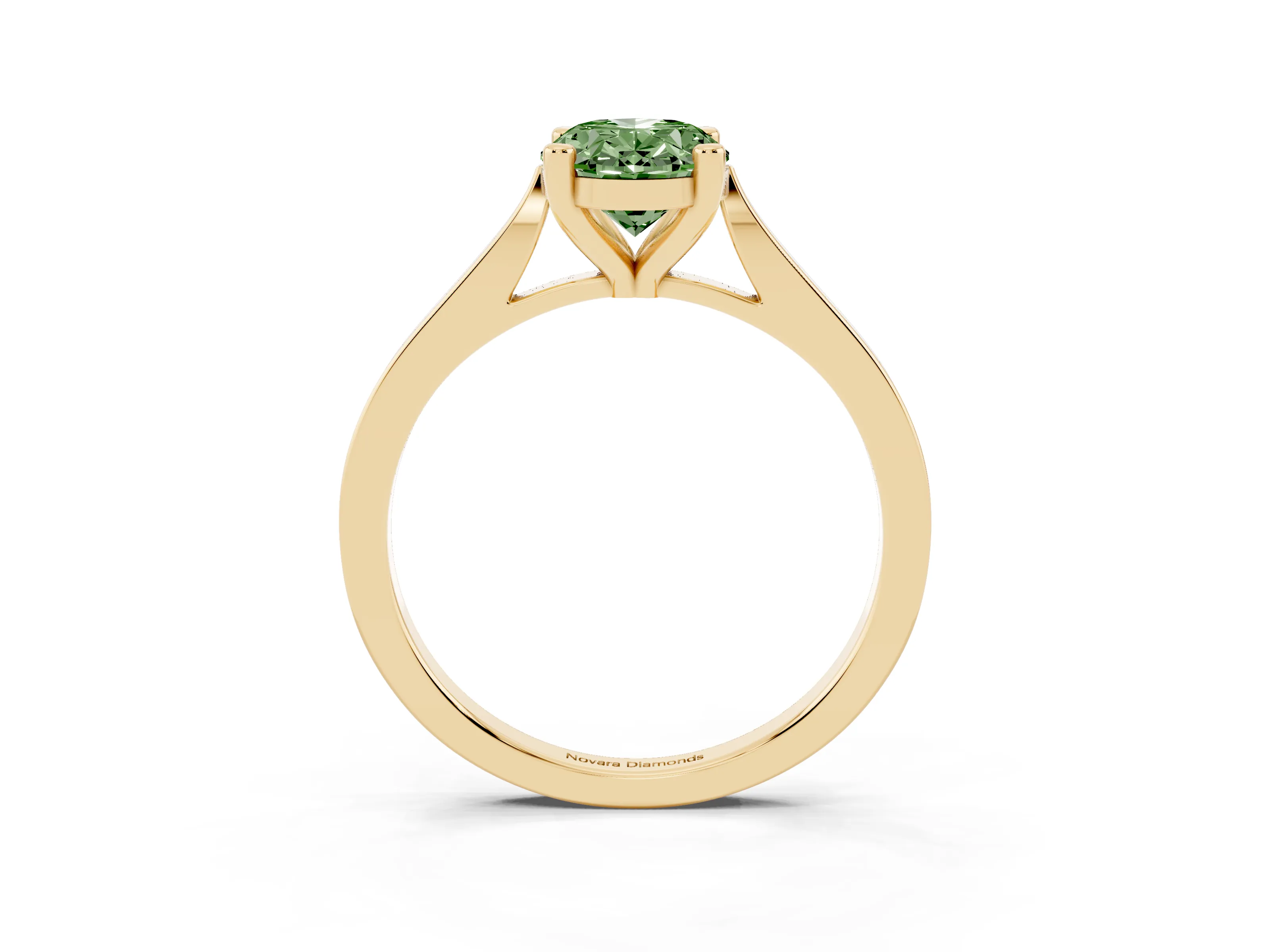 Fancy Green Oval Cut Diamond Solitaire Ring Set in Yellow gold with Prong Setting and Tapered Band