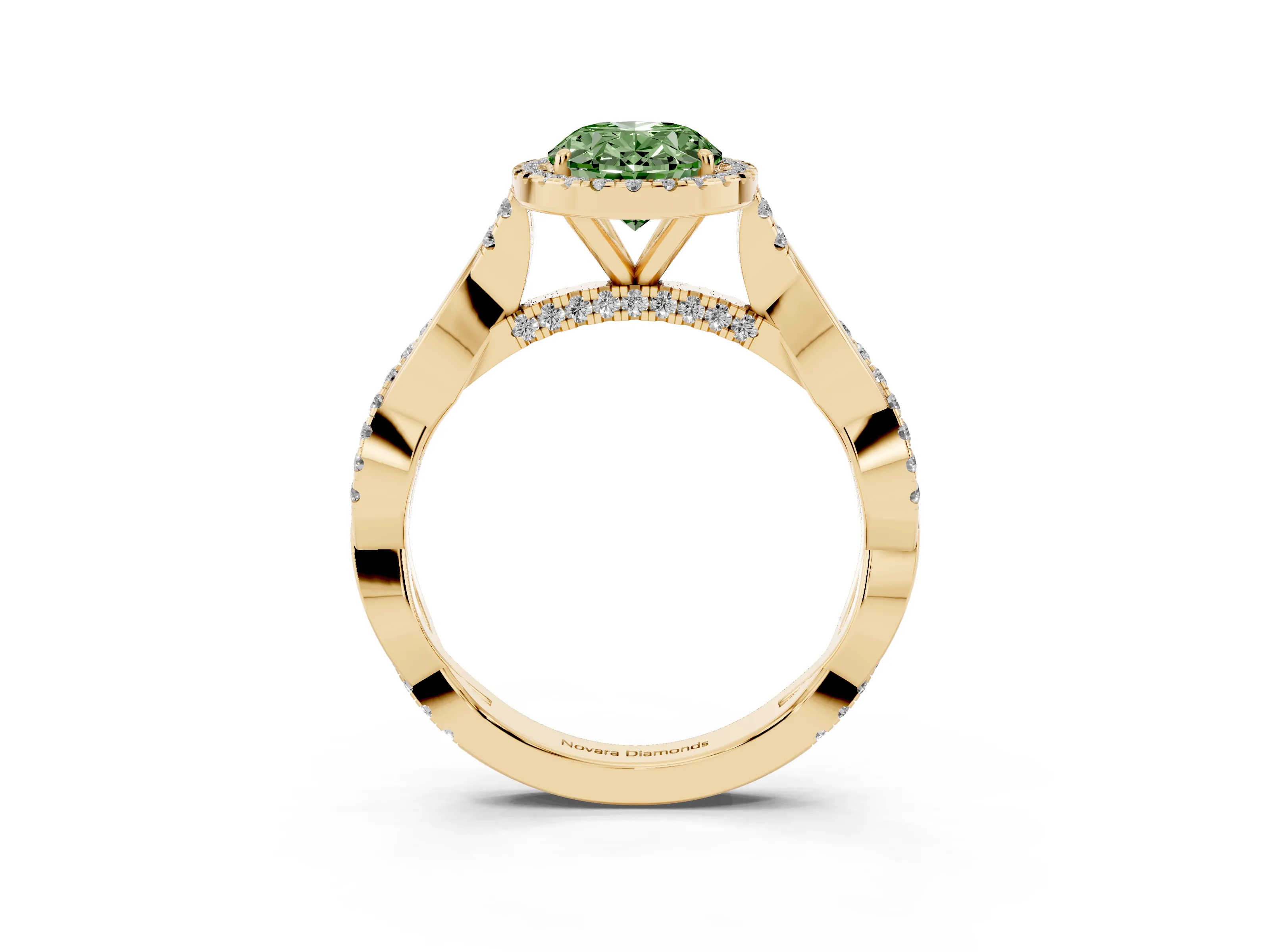 Fancy Green Oval Cut Diamond Halo Twist Band Solitaire Ring Set in Yellow gold with Prong Setting